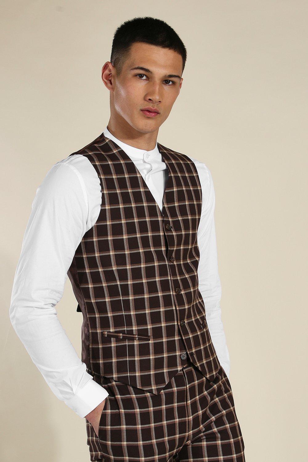 Skinny Brown Check Waistcoat
