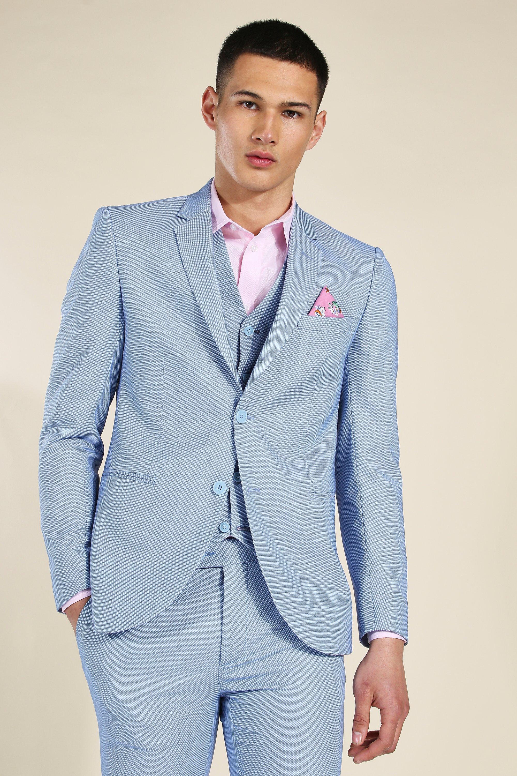 Skinny Blue Textured Single Breasted Jacket