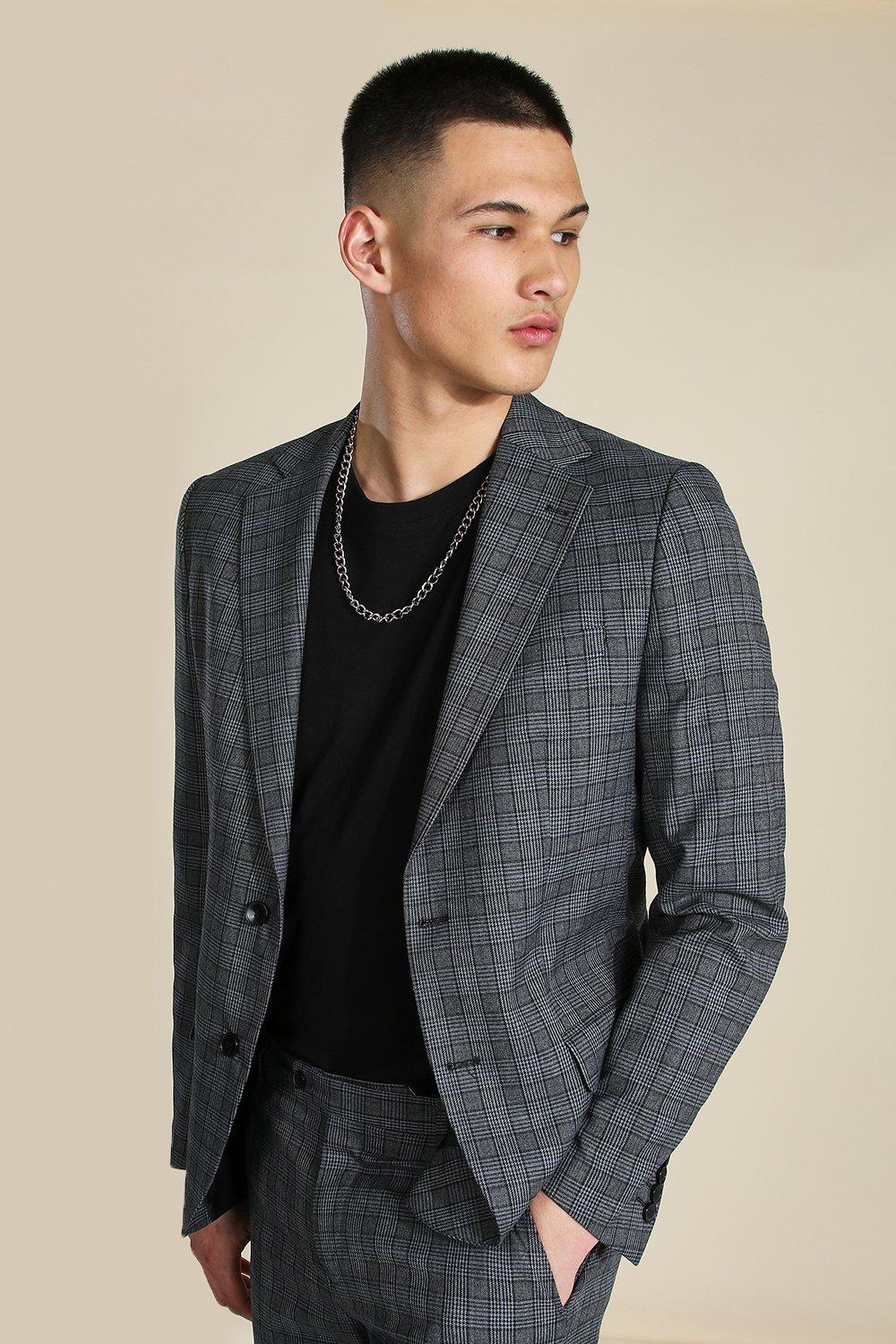 Slim Grey Check Single Breasted Suit Jacket boohooMAN UK