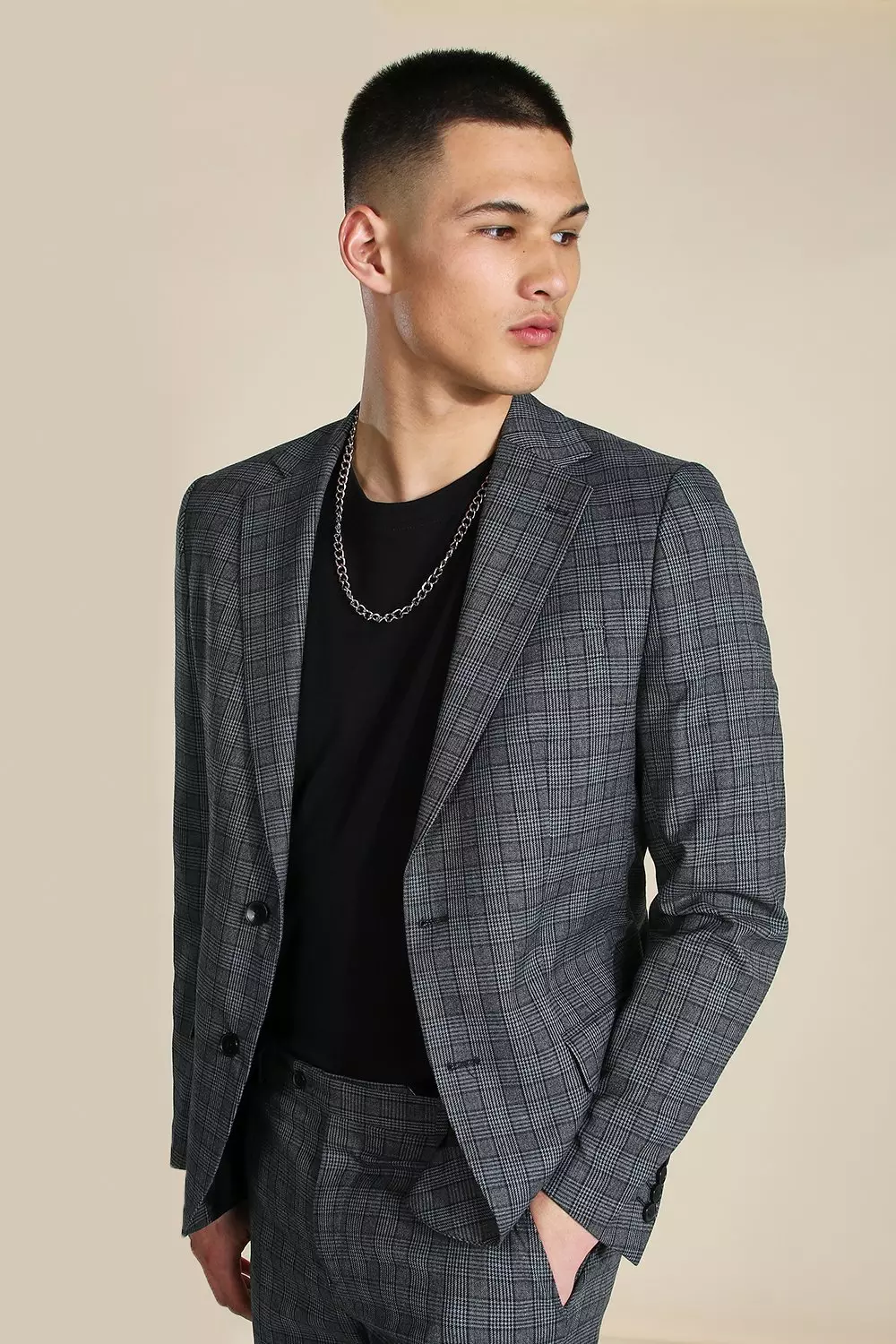 Slim Grey Check Single Breasted Suit Jacket Grey