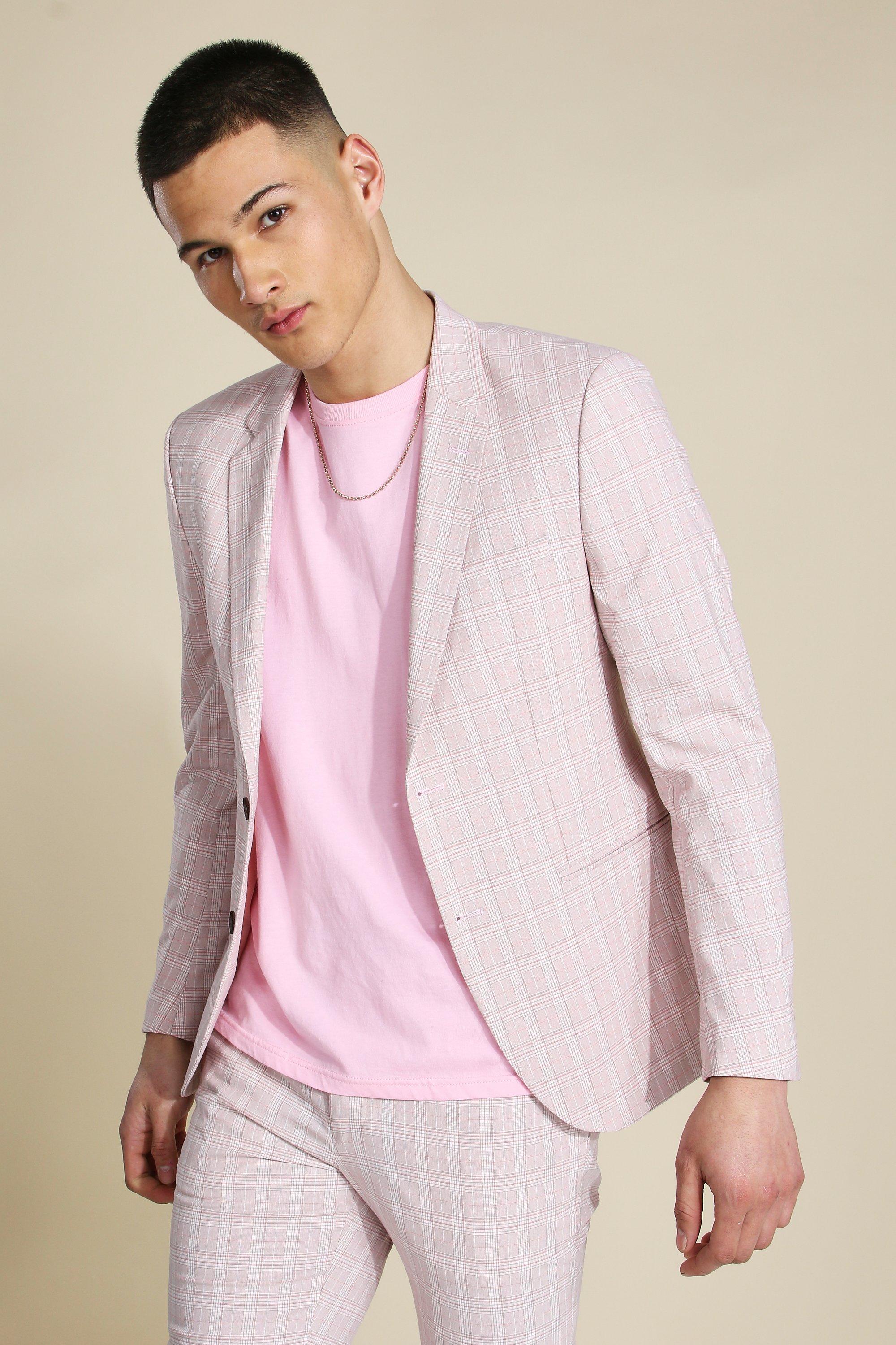 Skinny Pink Check Single Breasted Suit Jacket