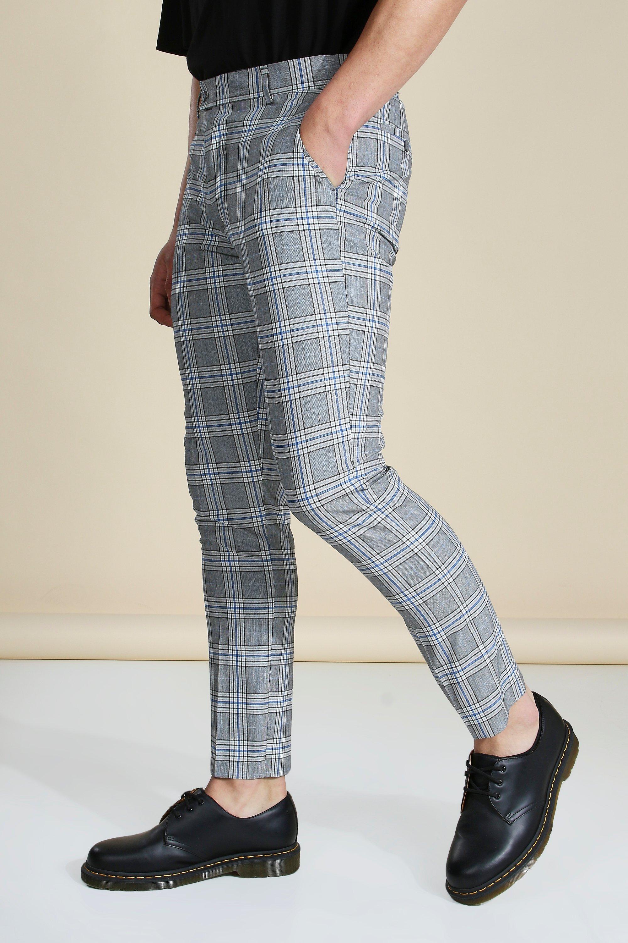 Mens Checked Trousers | Grey & Skinny Fit | boohooMAN UK