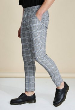 Mens Checked Trousers | Grey & Skinny Fit | boohooMAN UK