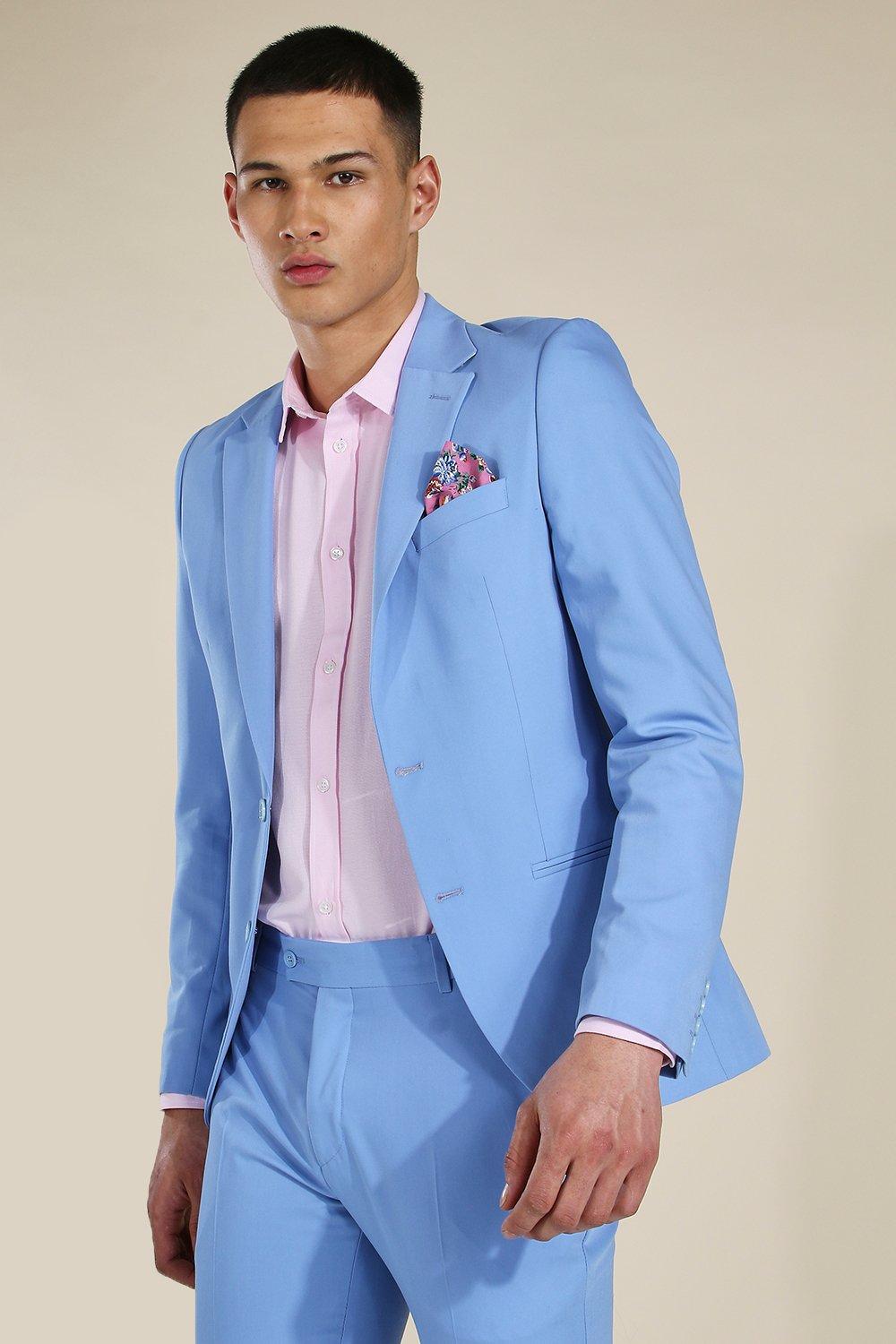 blue suit pink shirt