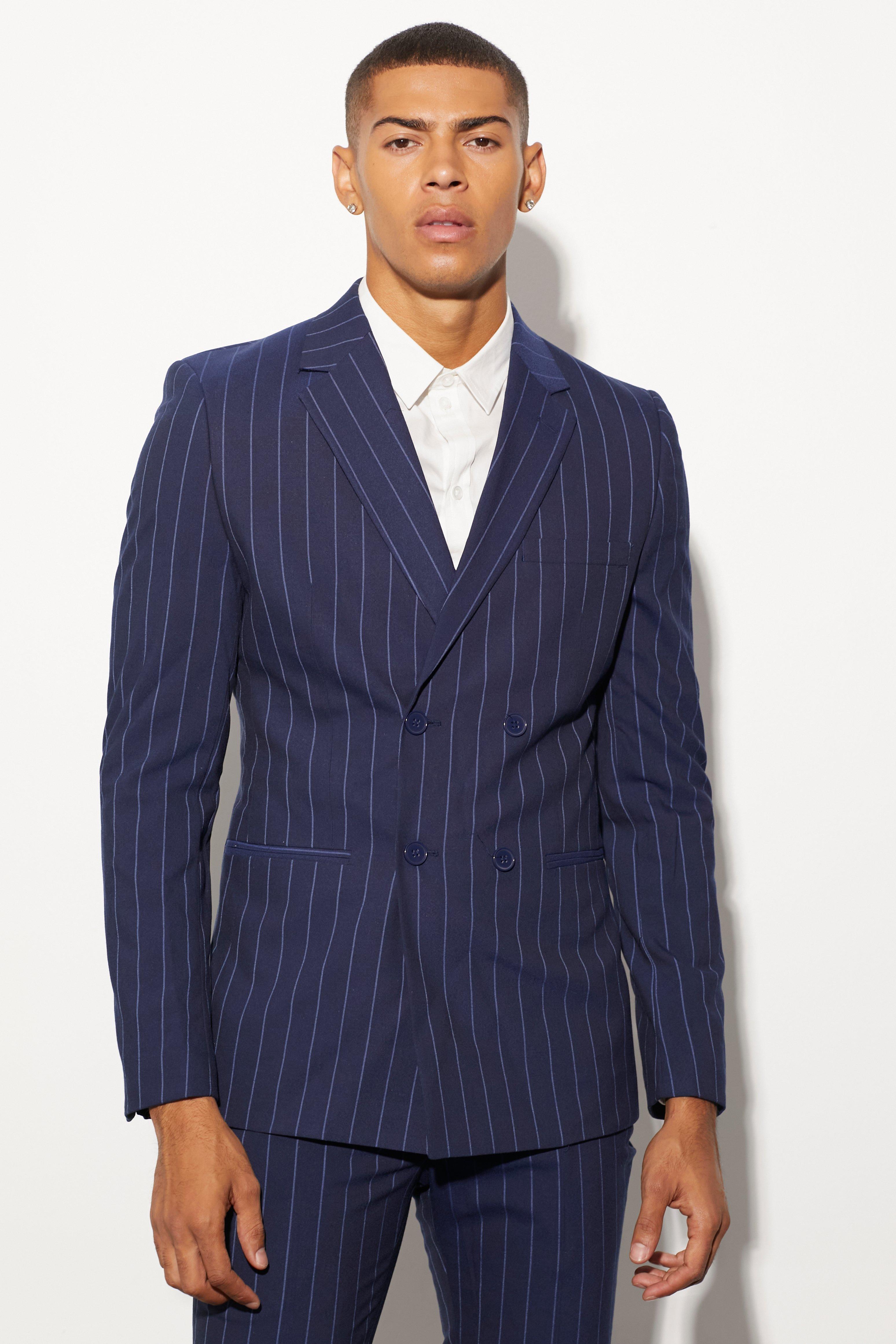 Skinny Navy Pinstripe Double Breasted Jacket | boohooMAN USA