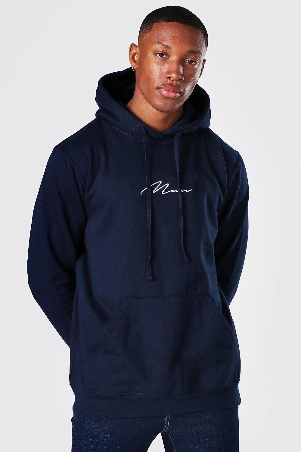 Boohooman Man Signature Embroidered Over The Head Hoodie Navy Size Small