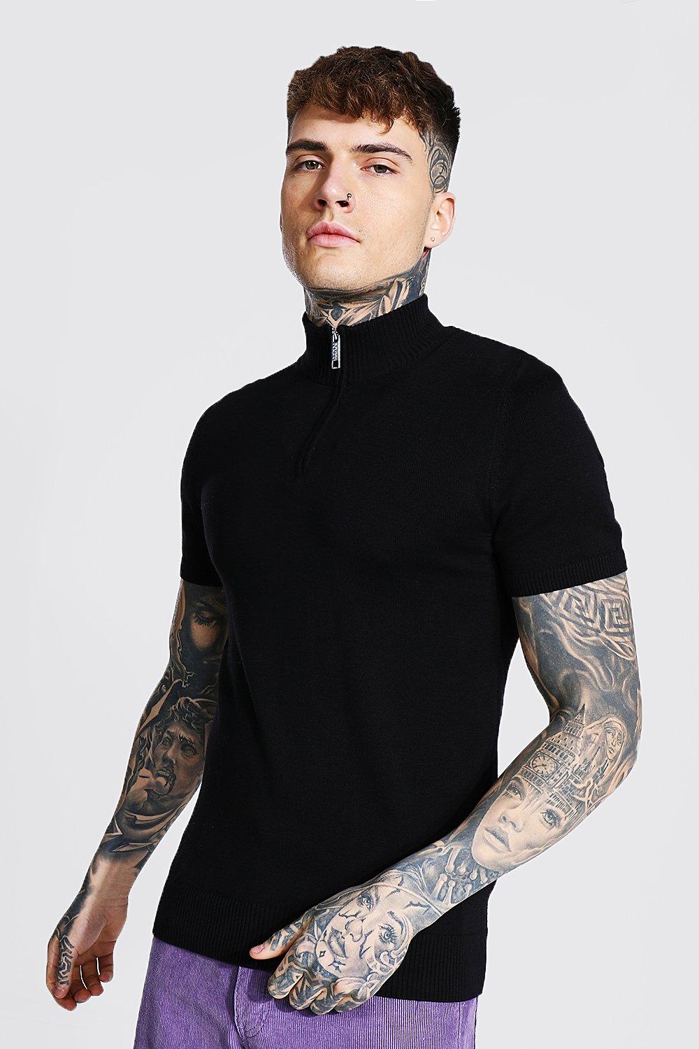 Short Sleeve Half Zip Turtle Neck T shirt boohooMAN