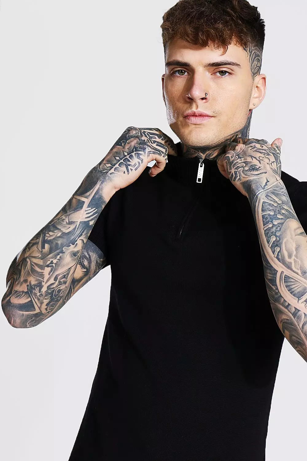 Short Sleeve Half Zip Turtle Neck T-shirt | boohooMAN USA