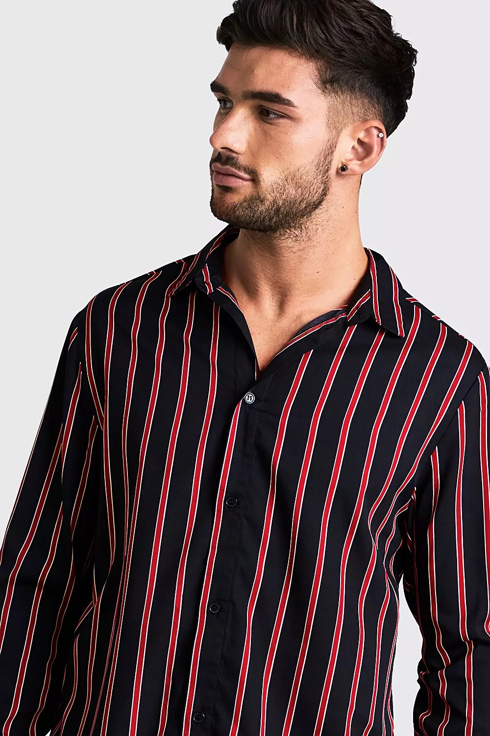 【FULL OF SSUN】Double Collar Stripe Shirts (Red) R6036 Black & Red Long Sleeve Stripe Shirt | boohooMAN USA