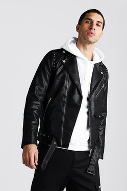 Faux Leather Biker Jacket With Studs | boohooMAN UK