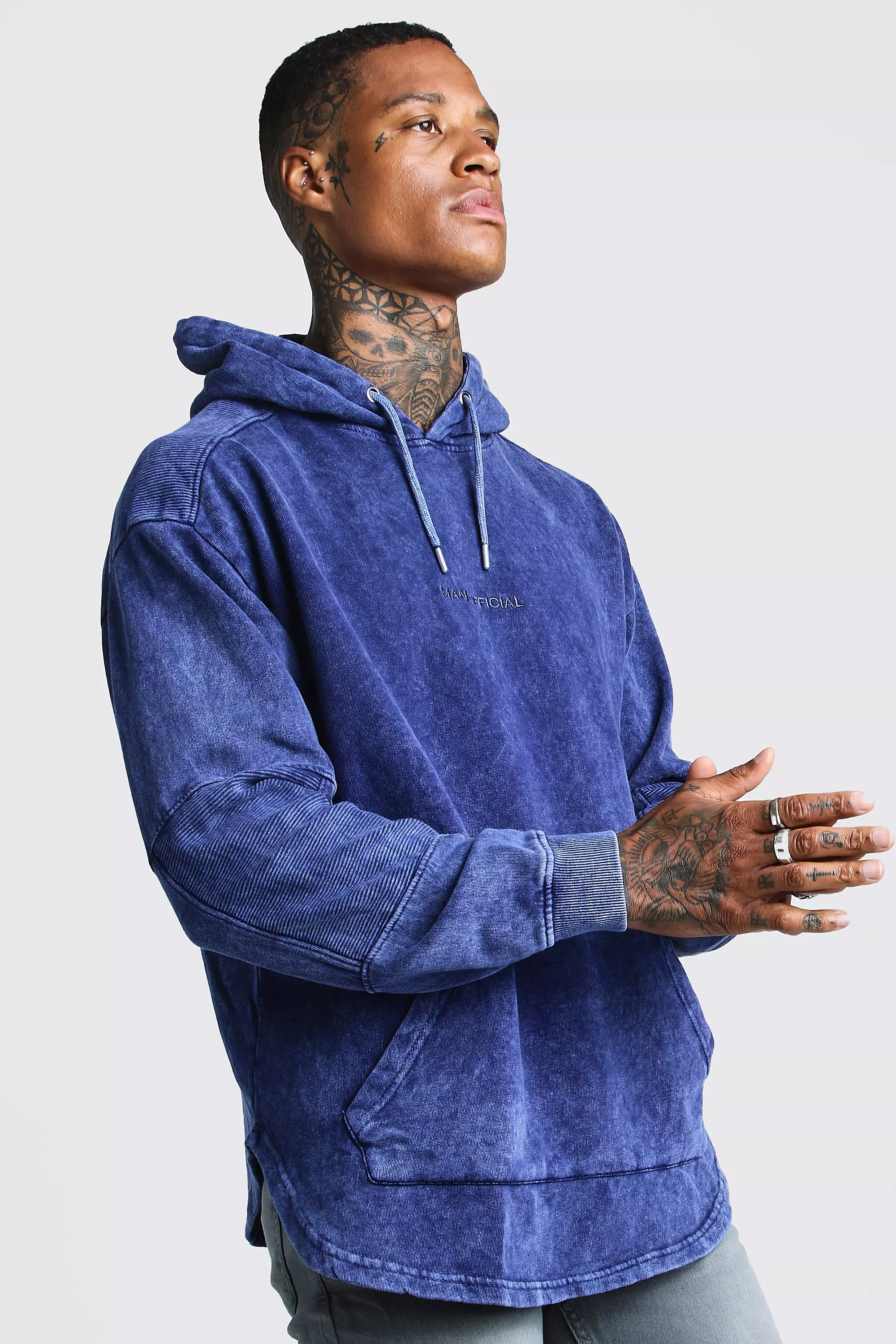 MAN Biker Curved Hem Hoodie In Acid Wash boohooMAN UK