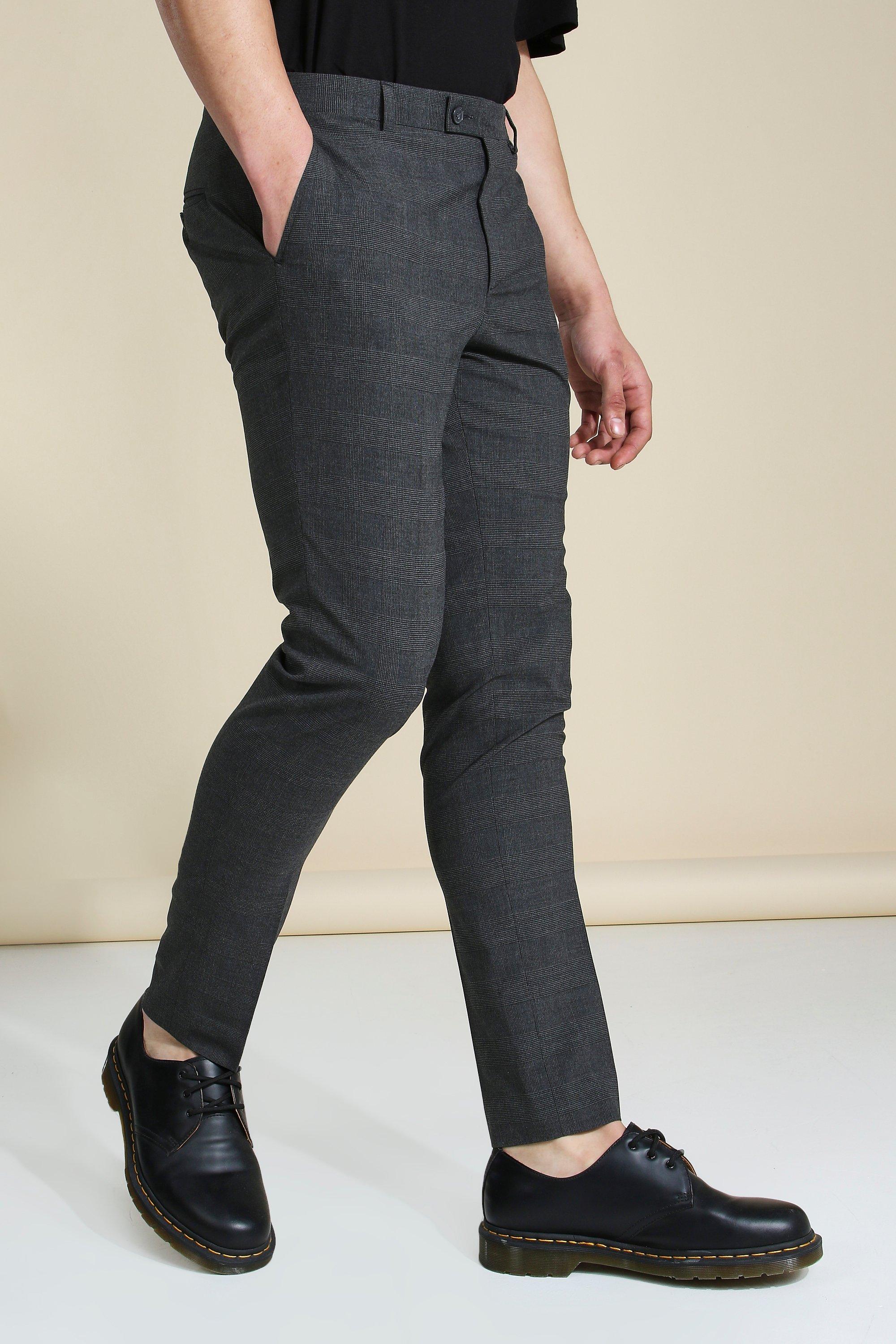 Mens Checked Trousers | Grey & Skinny Fit | boohooMAN UK