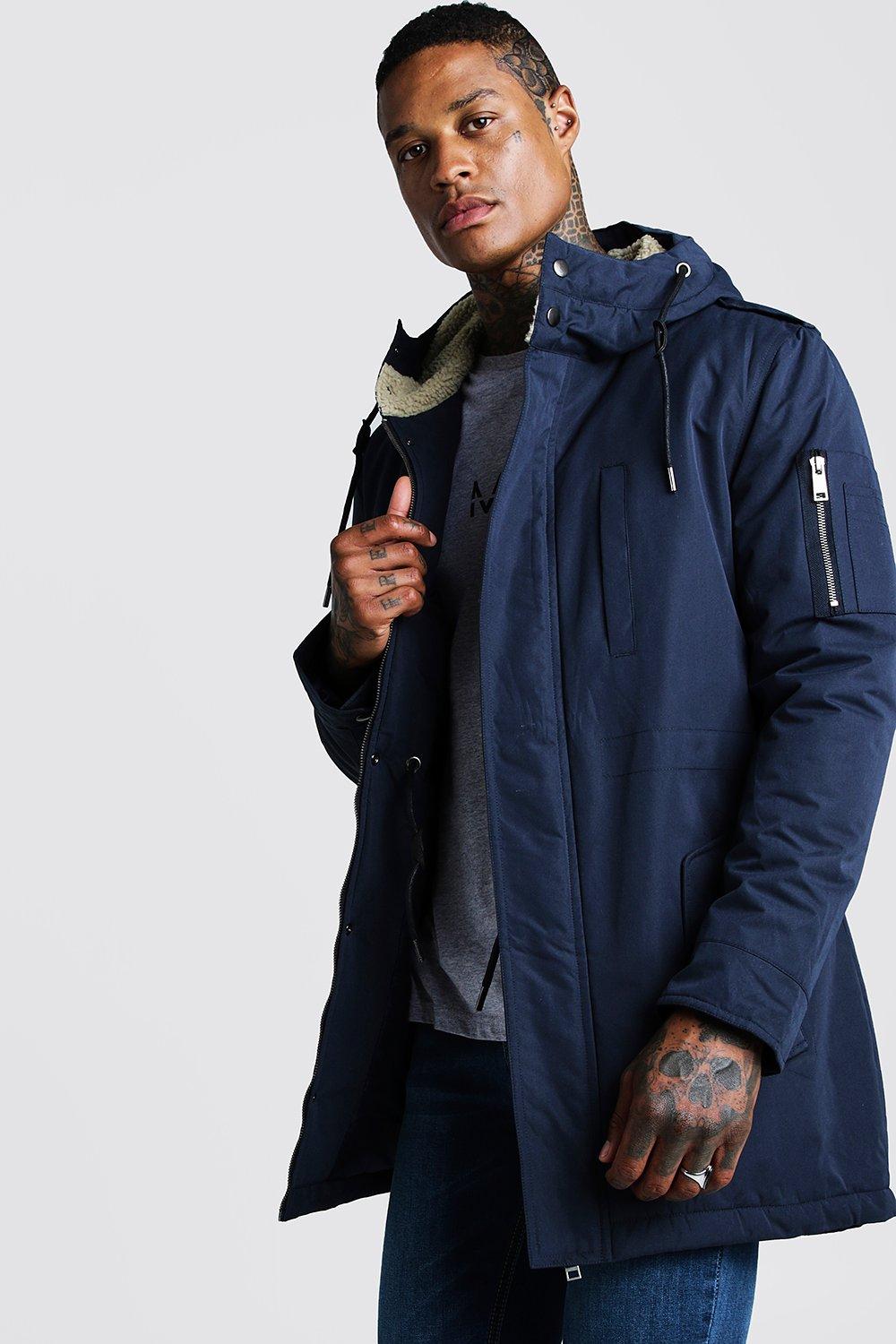 Parka Coat With Borg Lined Hood | boohooMAN USA