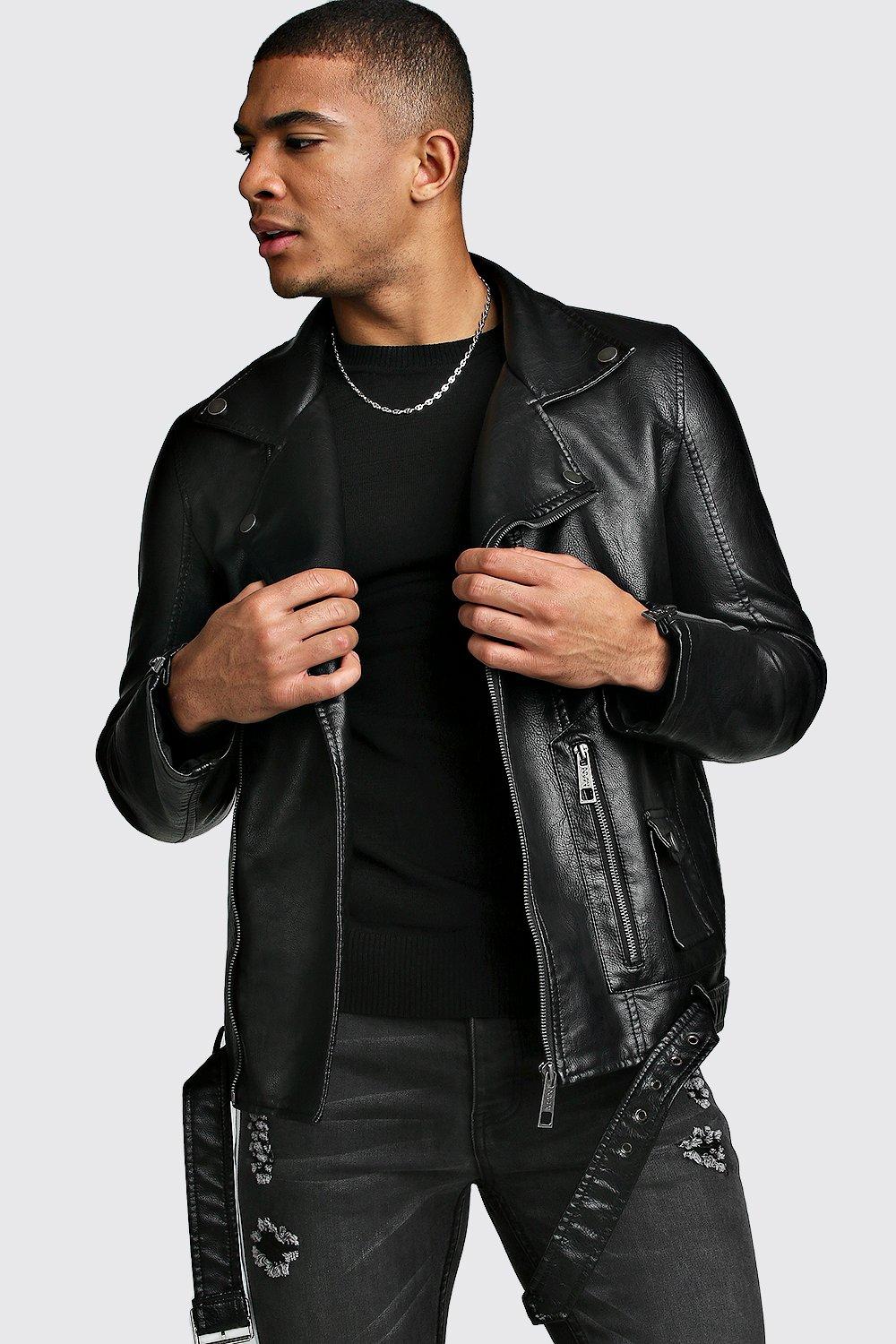 Faux Leather Biker Jacket With Chain - boohooMAN