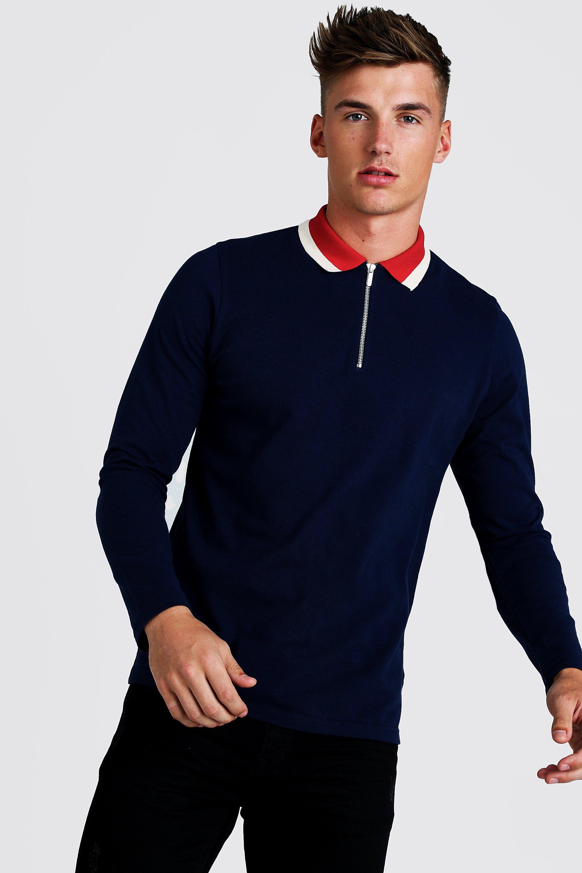 boohooMAN Men's Regular Long Sleeve Polo