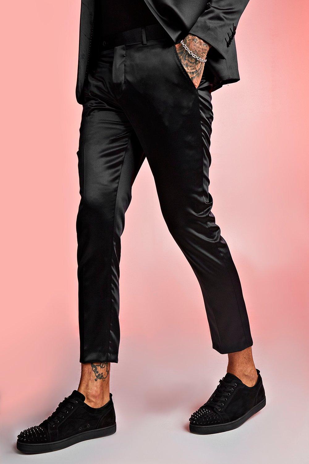 black skinny satin trousers