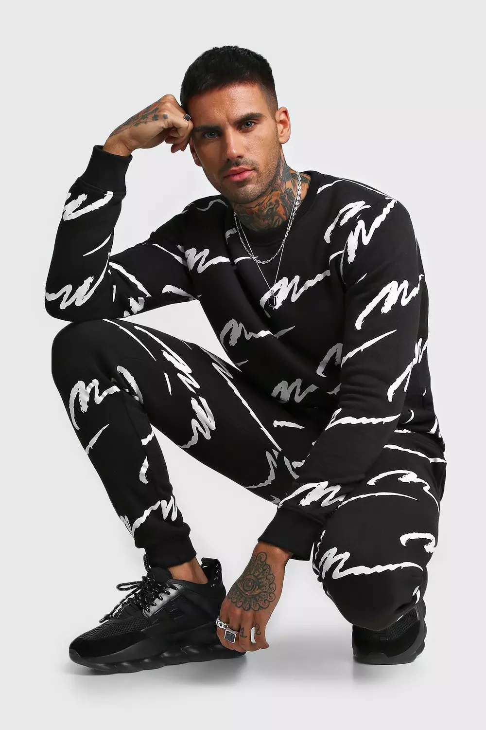 All Over MAN Printed Sweater Tracksuit boohooMAN UK