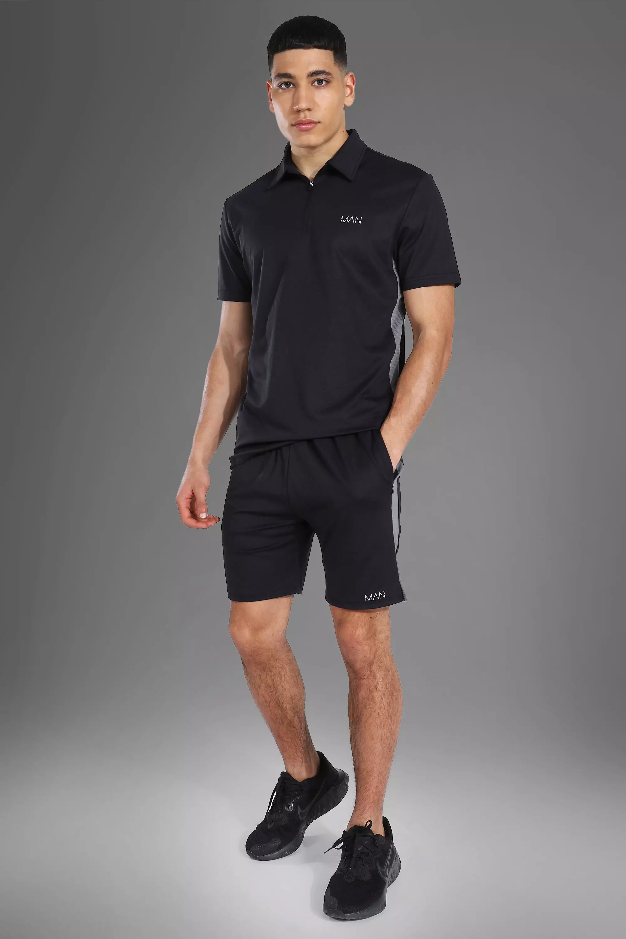 Man Active Gym Polo Top Short Set Black