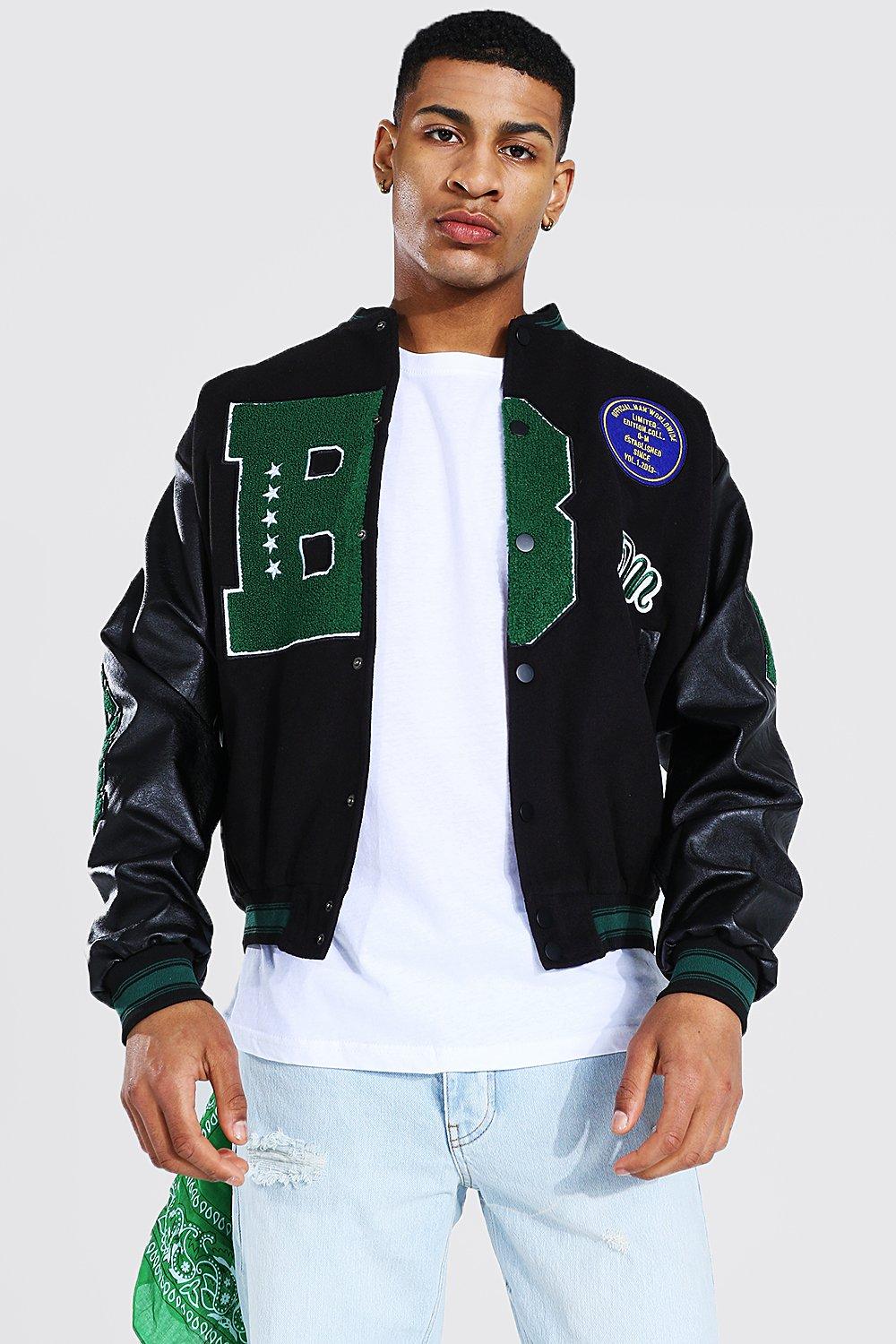 Jersey Varsity Bomber Jacket With Skull Badge | boohooMAN USA