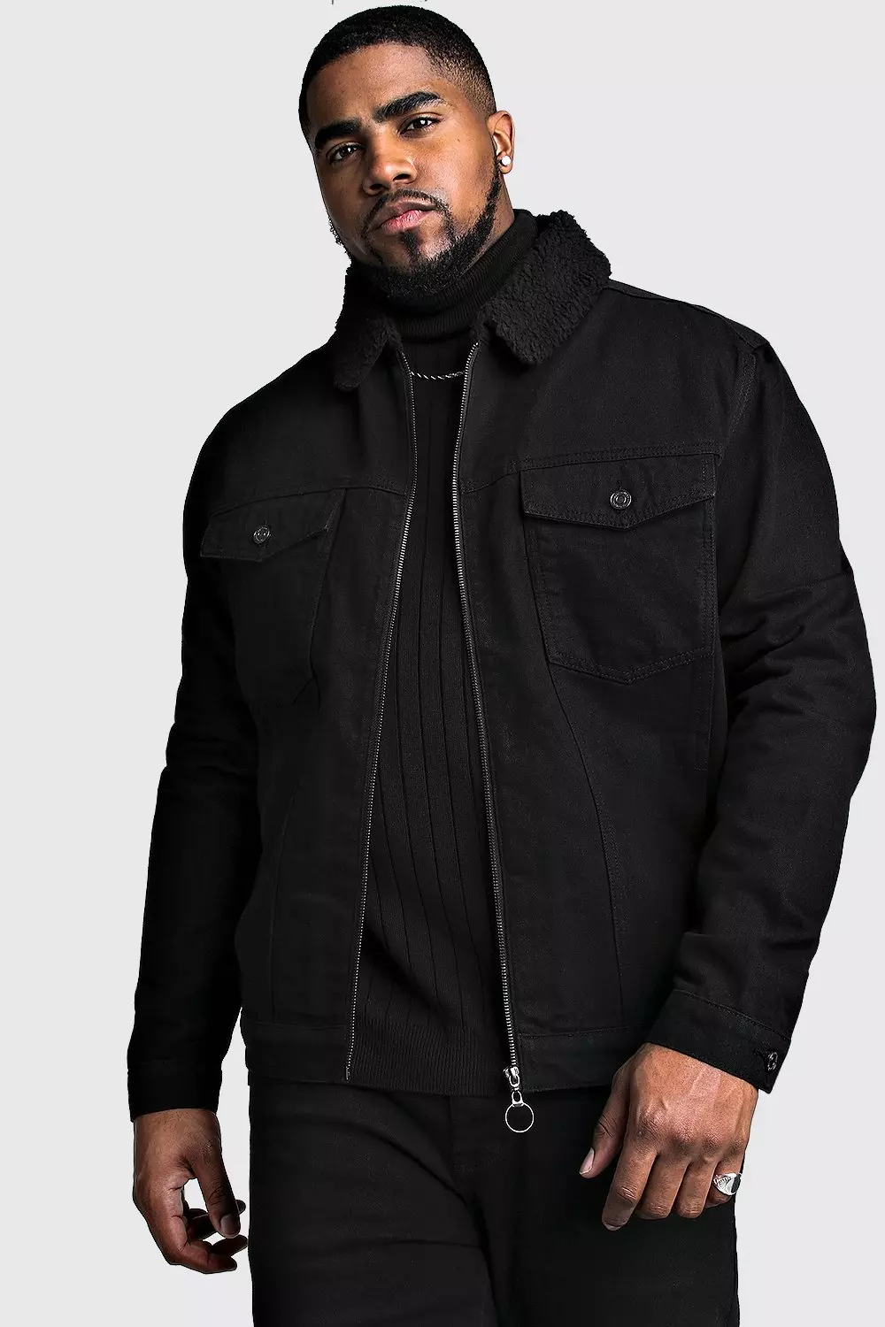 Plus Size Zip Through Borg Collar Denim Jacket boohooMAN USA