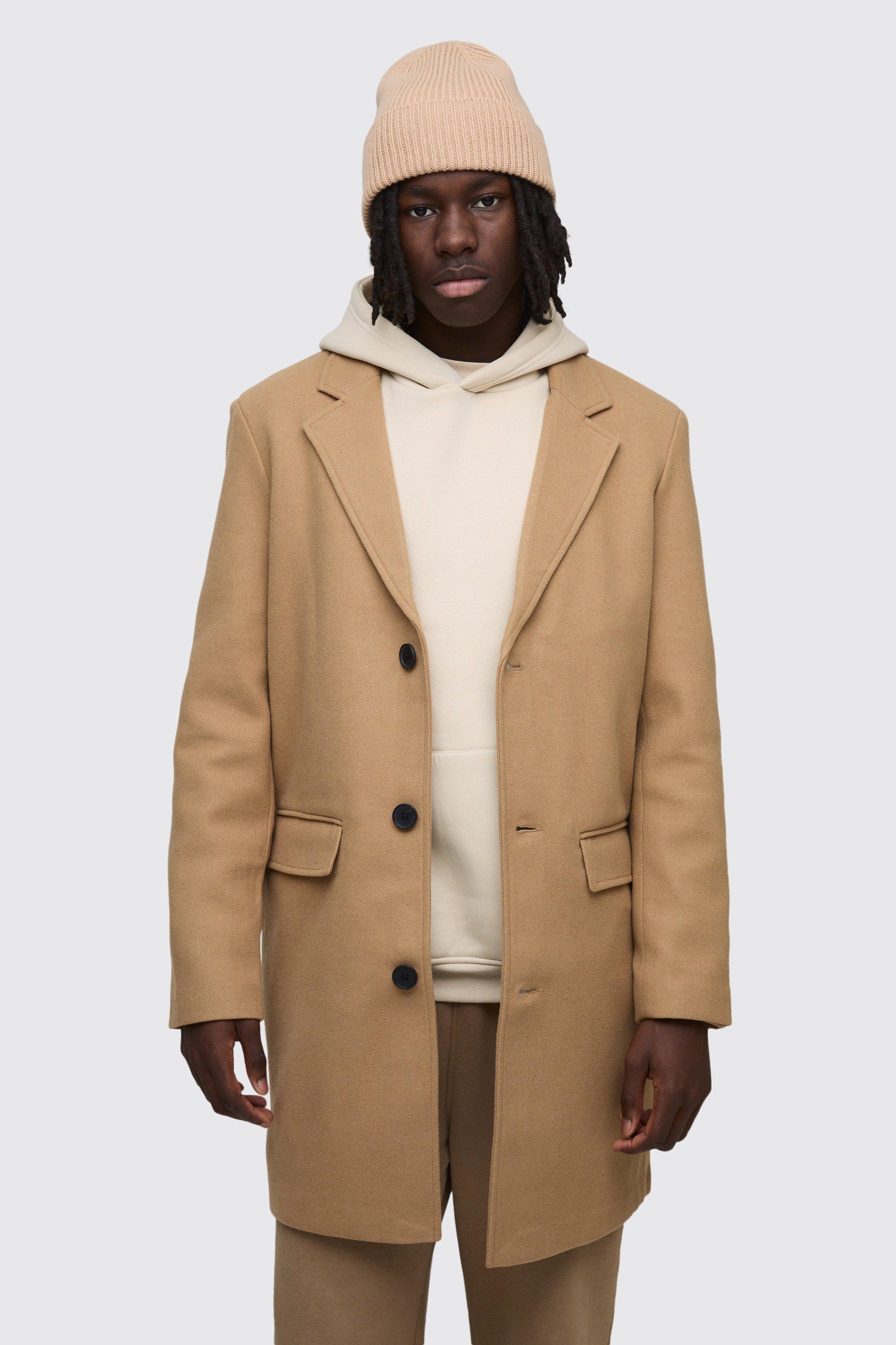 Single Breasted Wool Look Overcoat in Camel boohooMAN USA