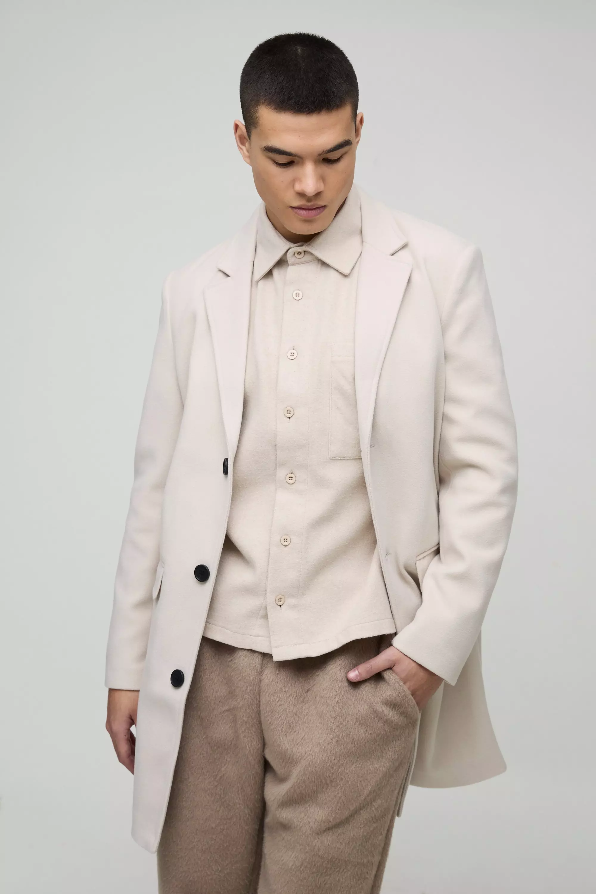 Beige Single Breasted Wool Mix Overcoat