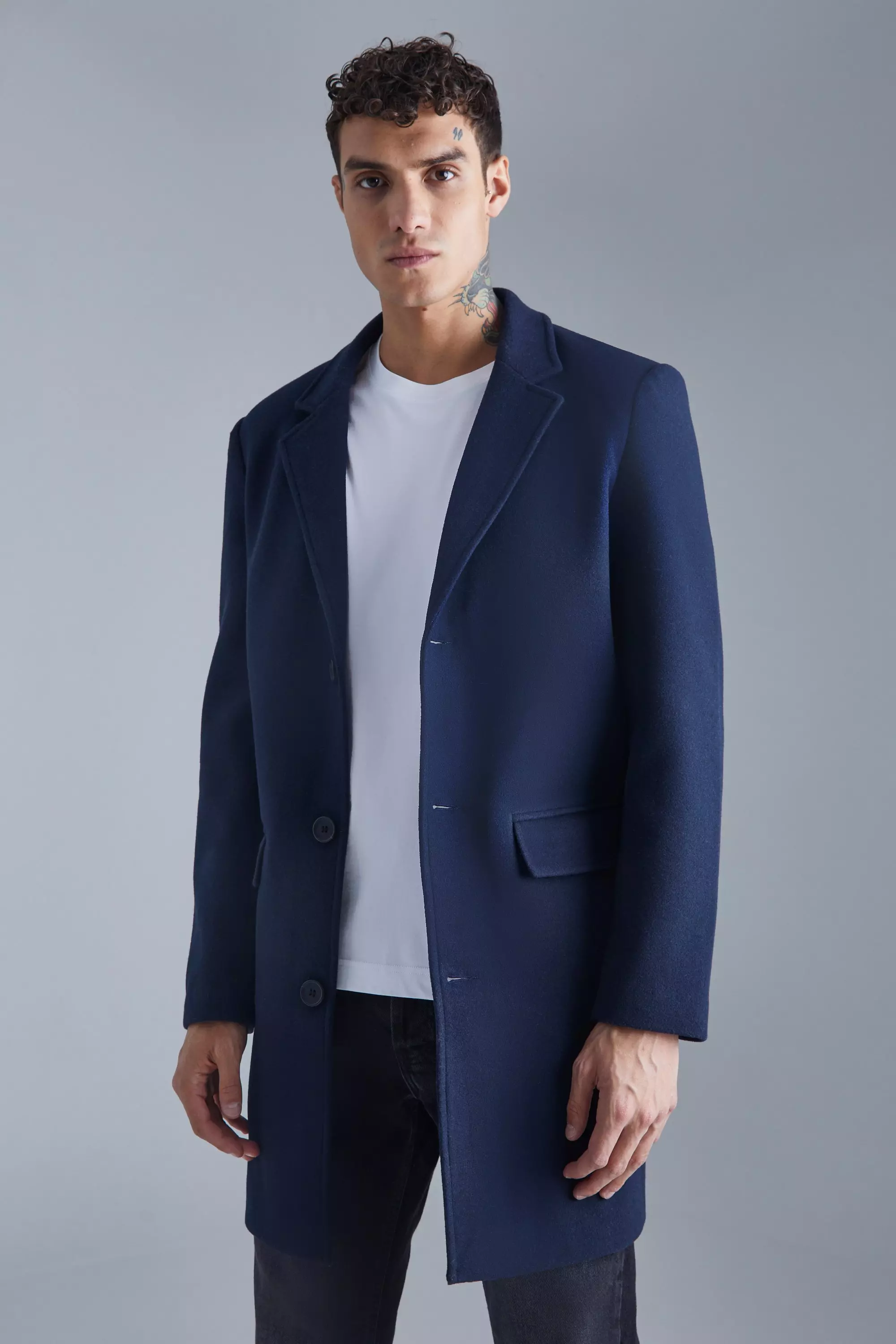 Single Breasted Wool Mix Overcoat Navy