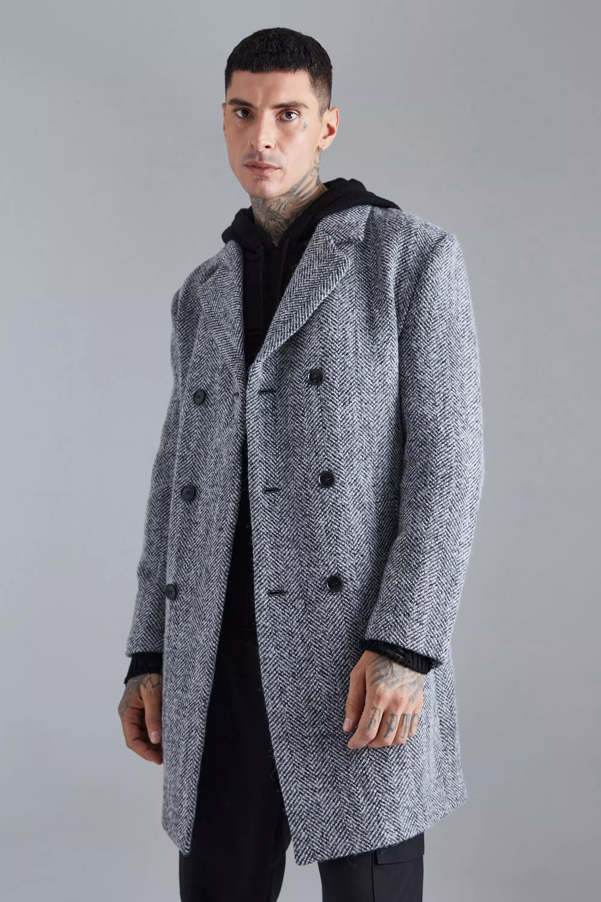 Wool Blend Herringbone Overcoat boohooMAN USA