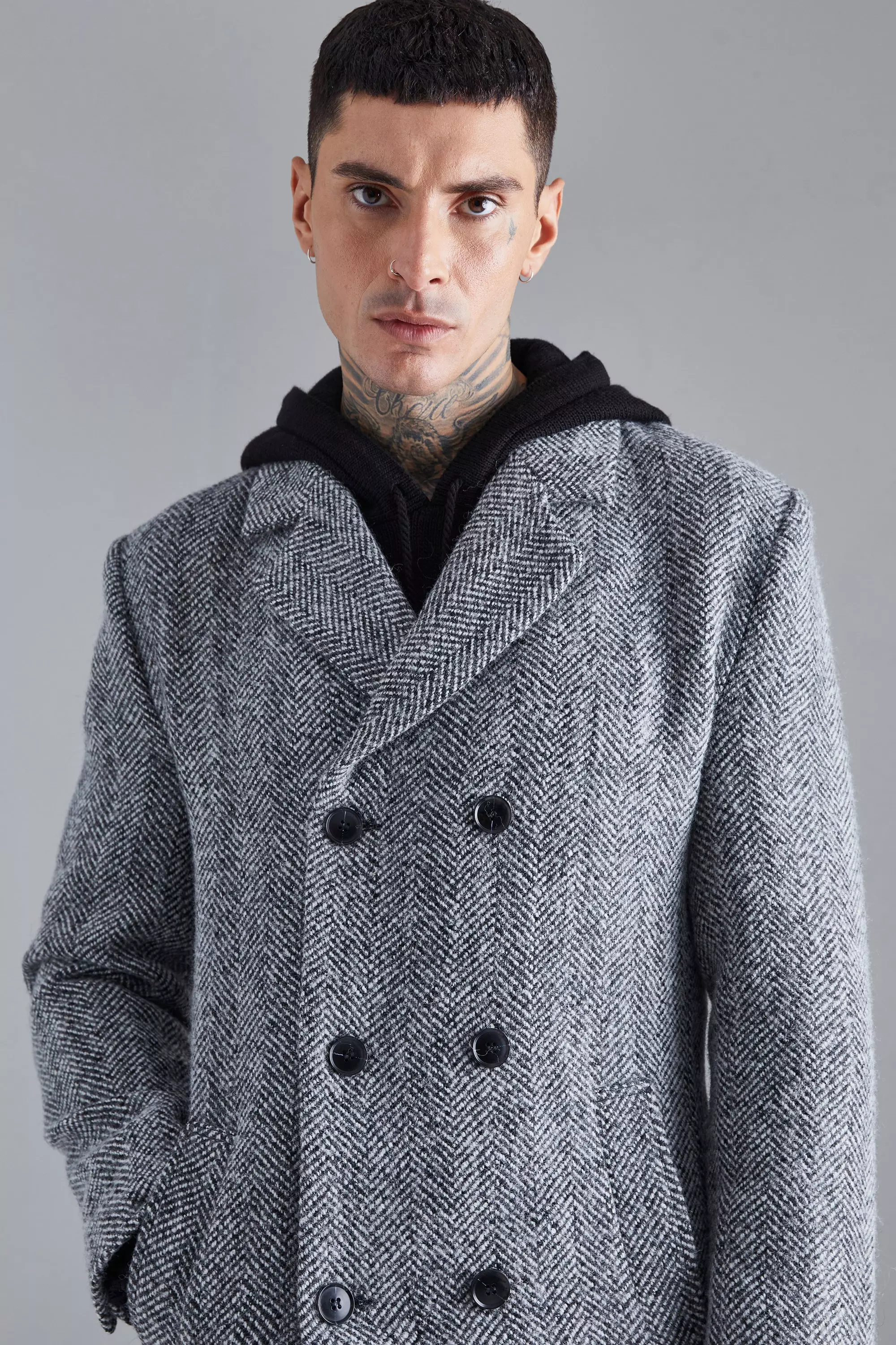 Boohooman wool blend double breasted overcoat in grey online