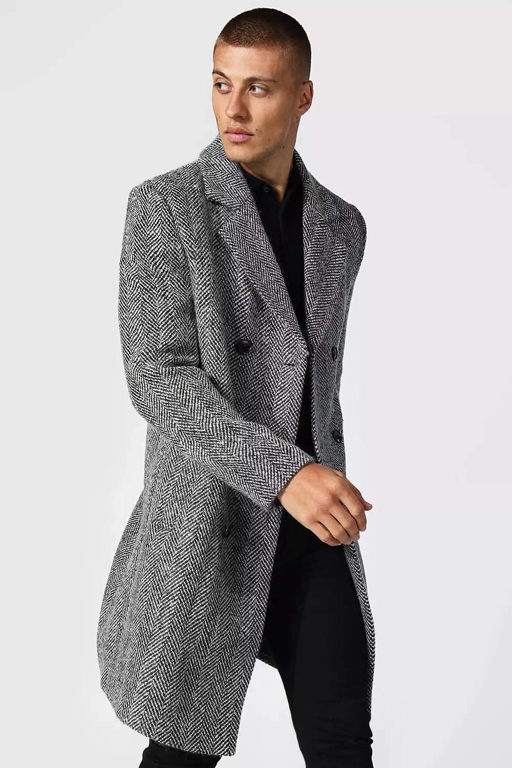 Wool Blend Herringbone Overcoat boohooMAN USA