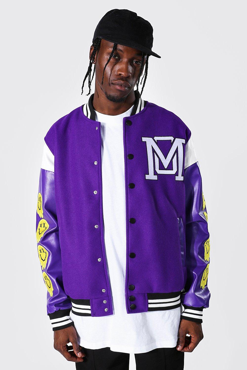 COLLUSION Unisex Varsity Jacket in Purple and cream-Multi