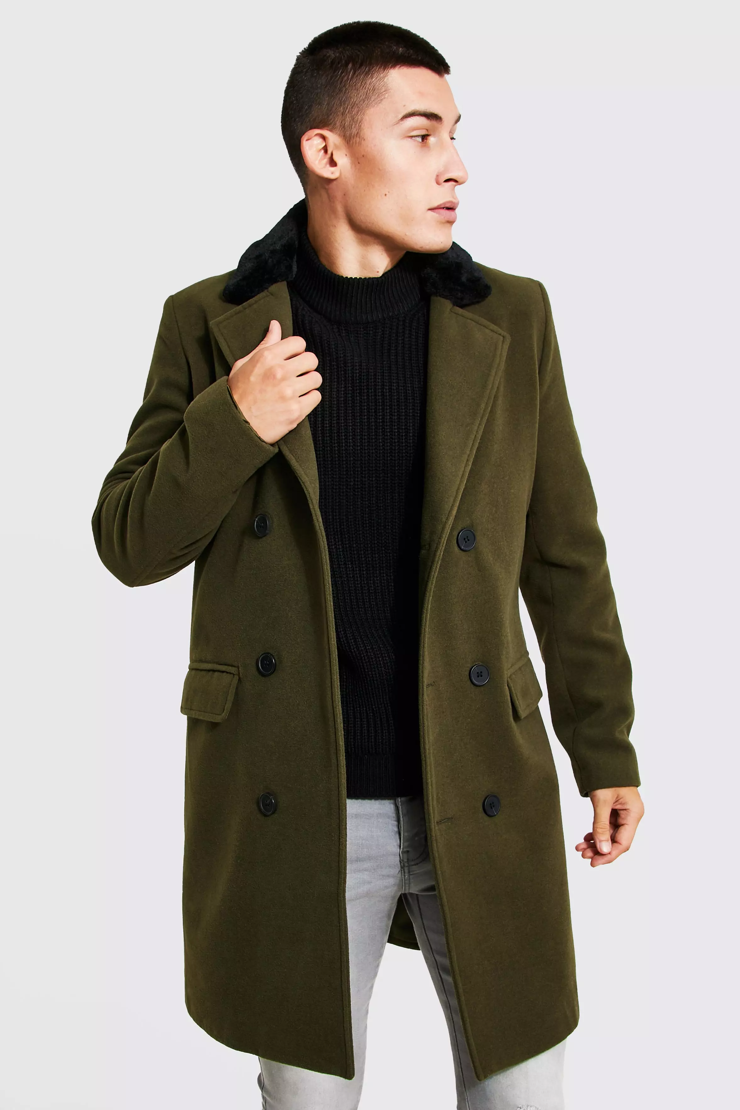 Boohooman double breasted wool overcoat shop