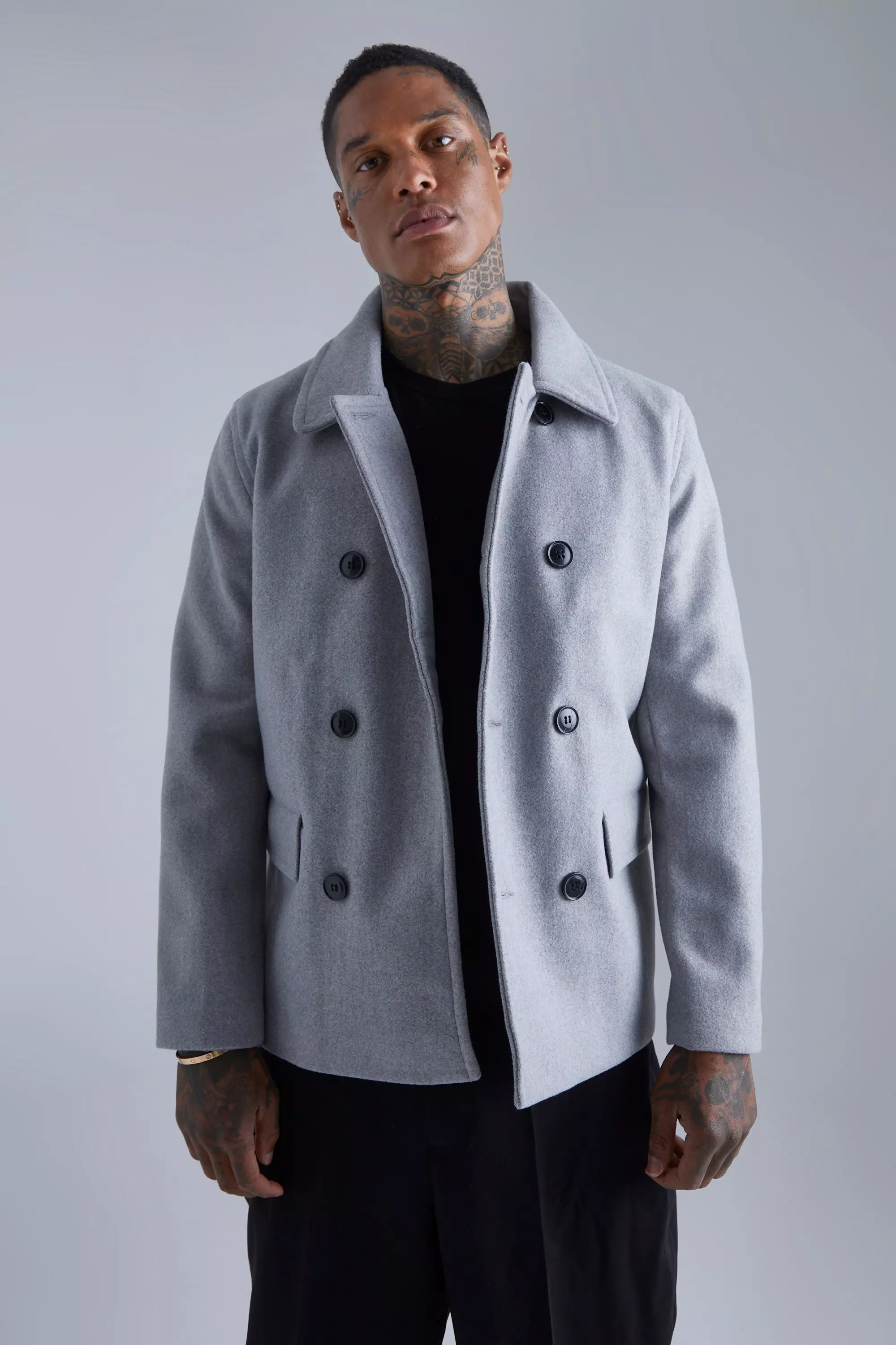 Wool Look Pea Coat boohooMAN UK