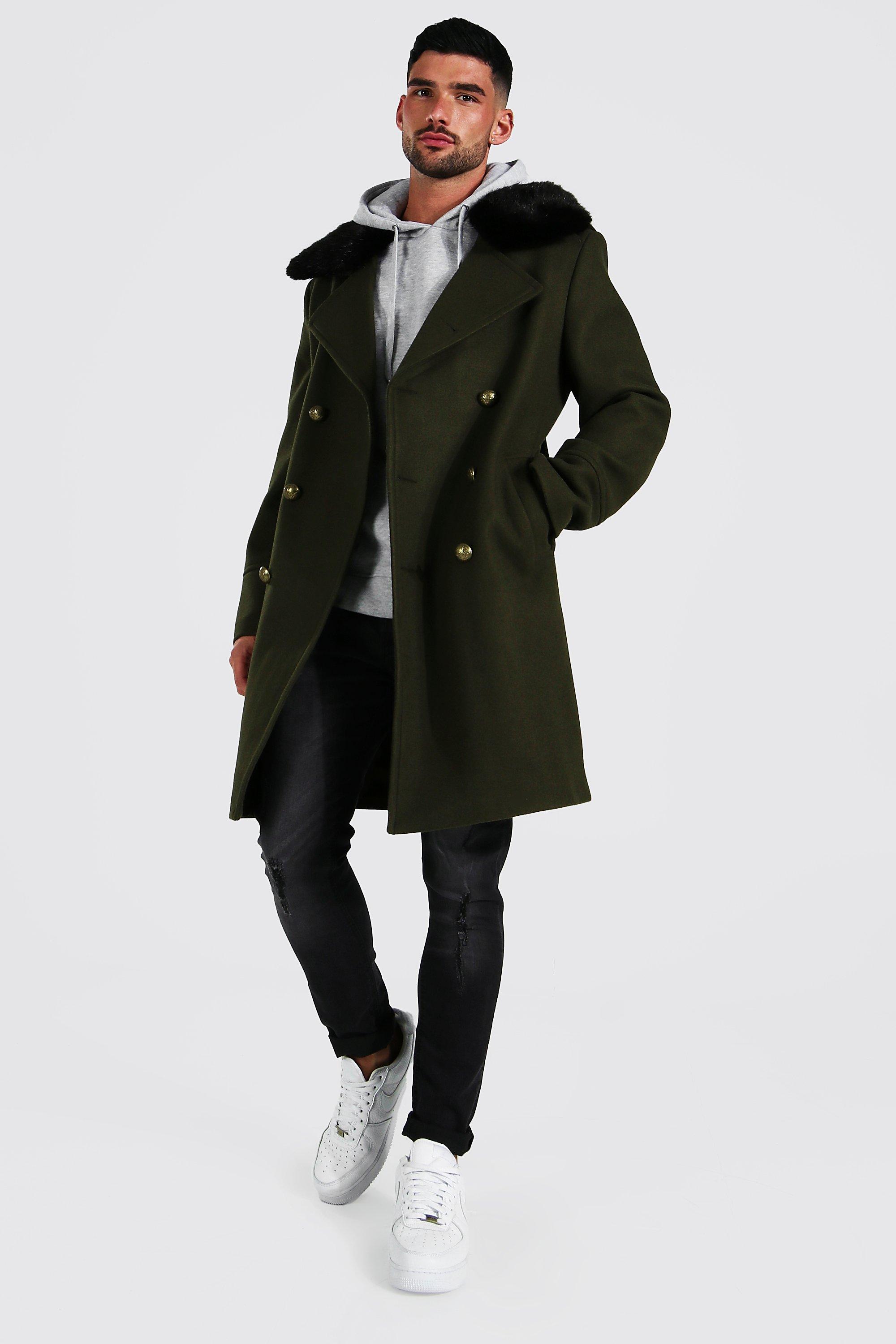 Boohooman parka with on sale faux fur in khaki