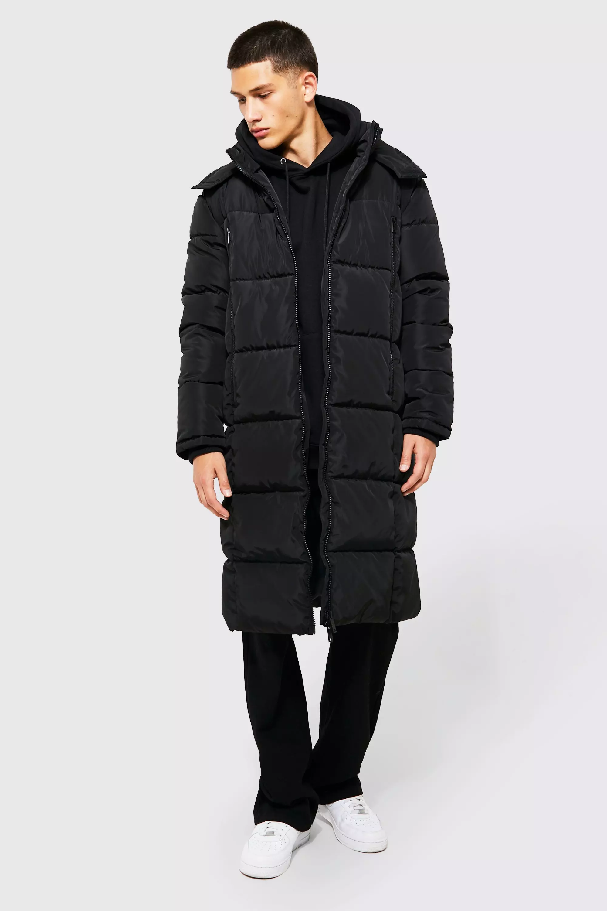 boohooMAN Mens Boxy Oversized PU Patch Peached Nylon Puffer - Black