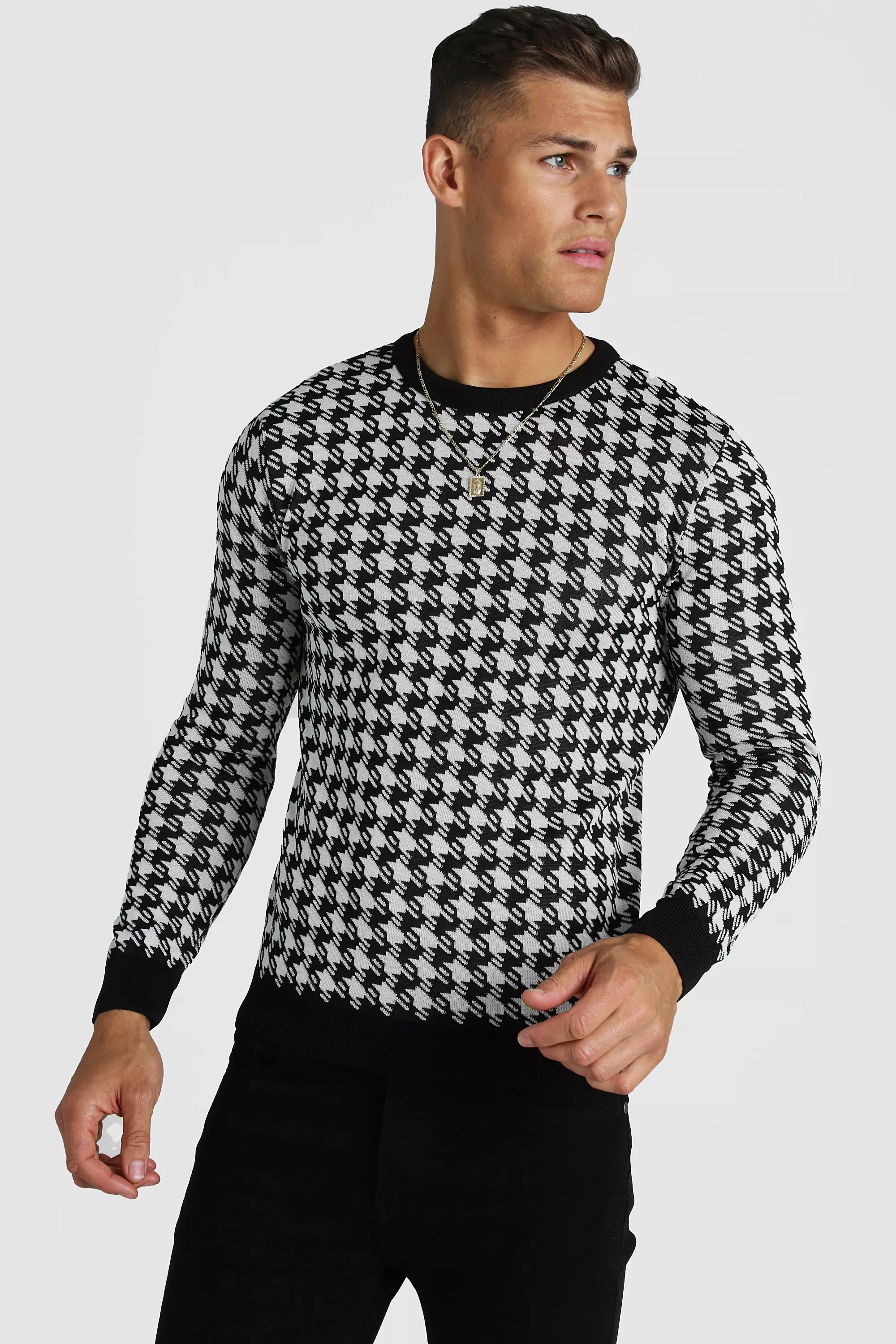 Muscle Fit Houndstooth Knitted Jumper boohooMAN IE