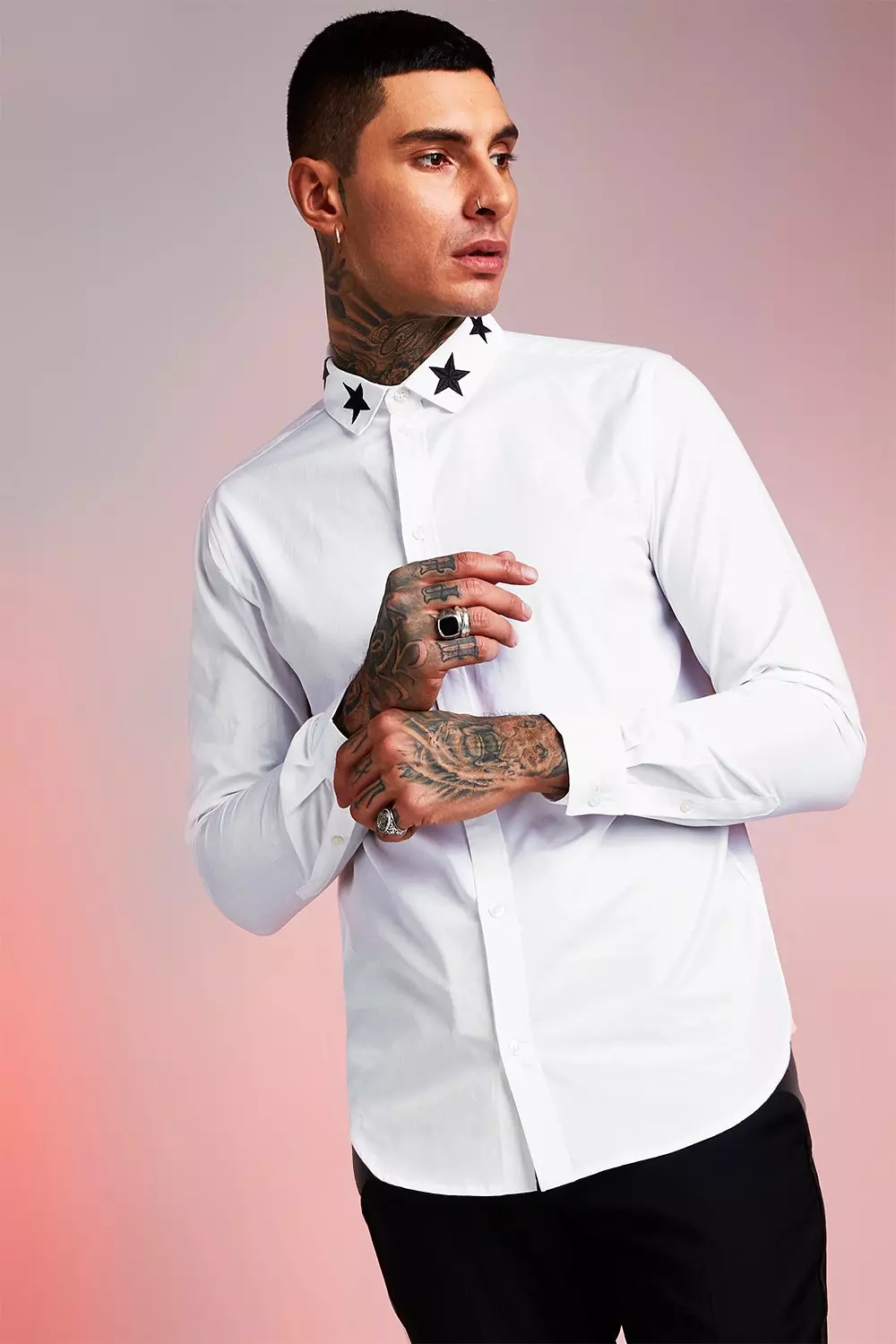 Star Embroidered Collar Long Sleeve Shirt boohooMAN UK