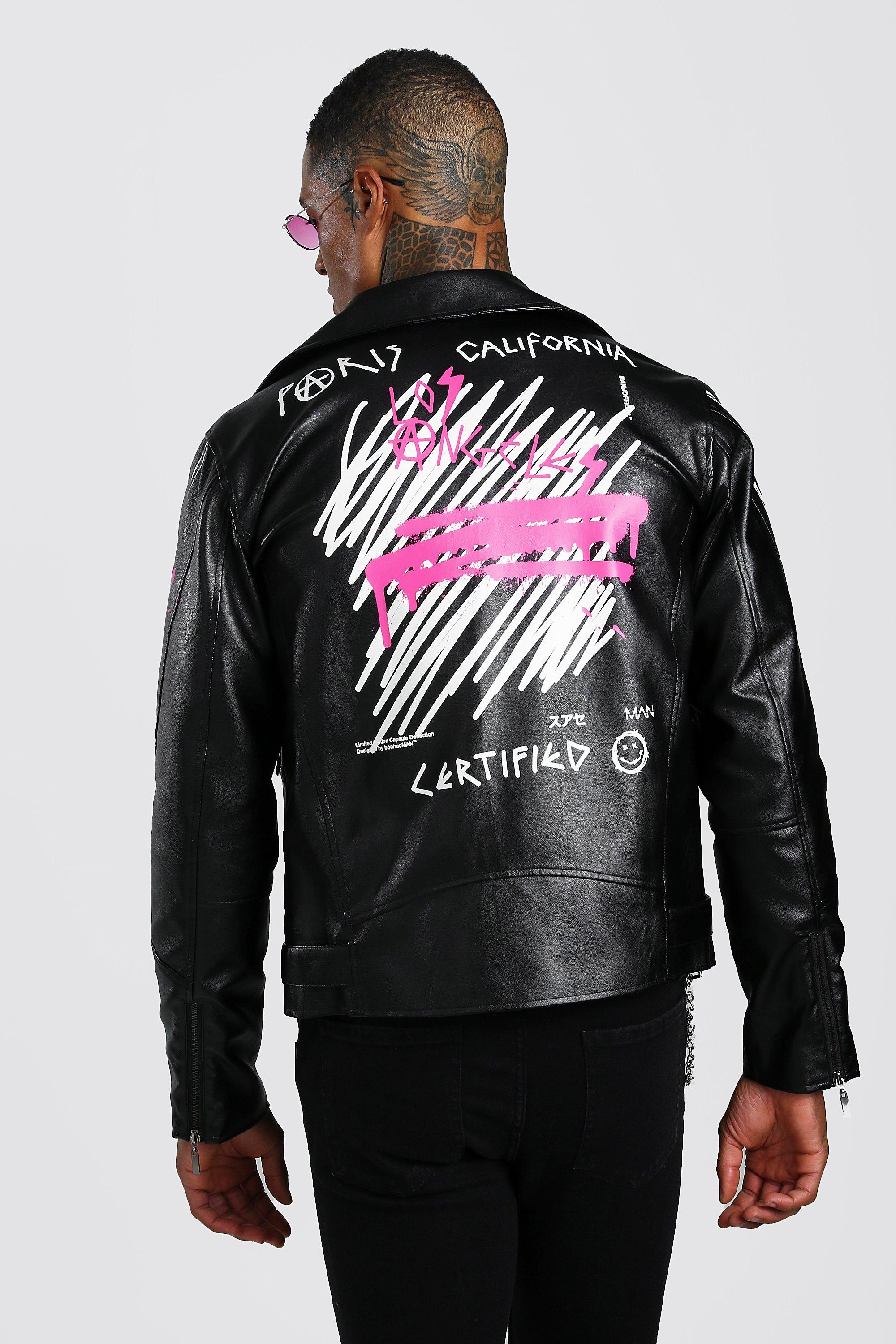 Leather Look Biker Jacket With Back Print - boohooMAN