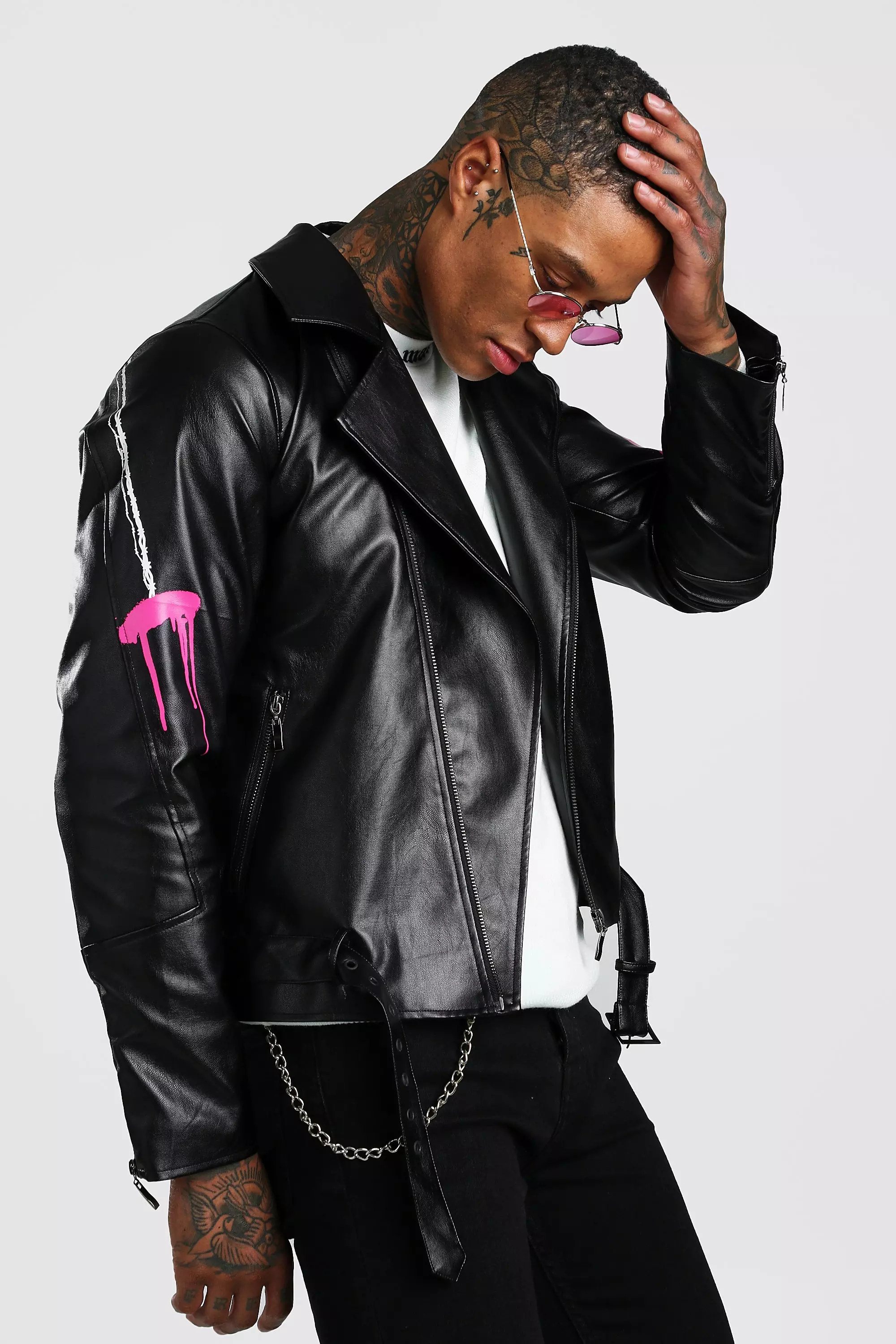 Leather Look Biker Jacket With Back Print boohooMAN USA