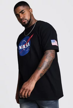 Plus Size NASA Sleeve Print License T-Shirt Black