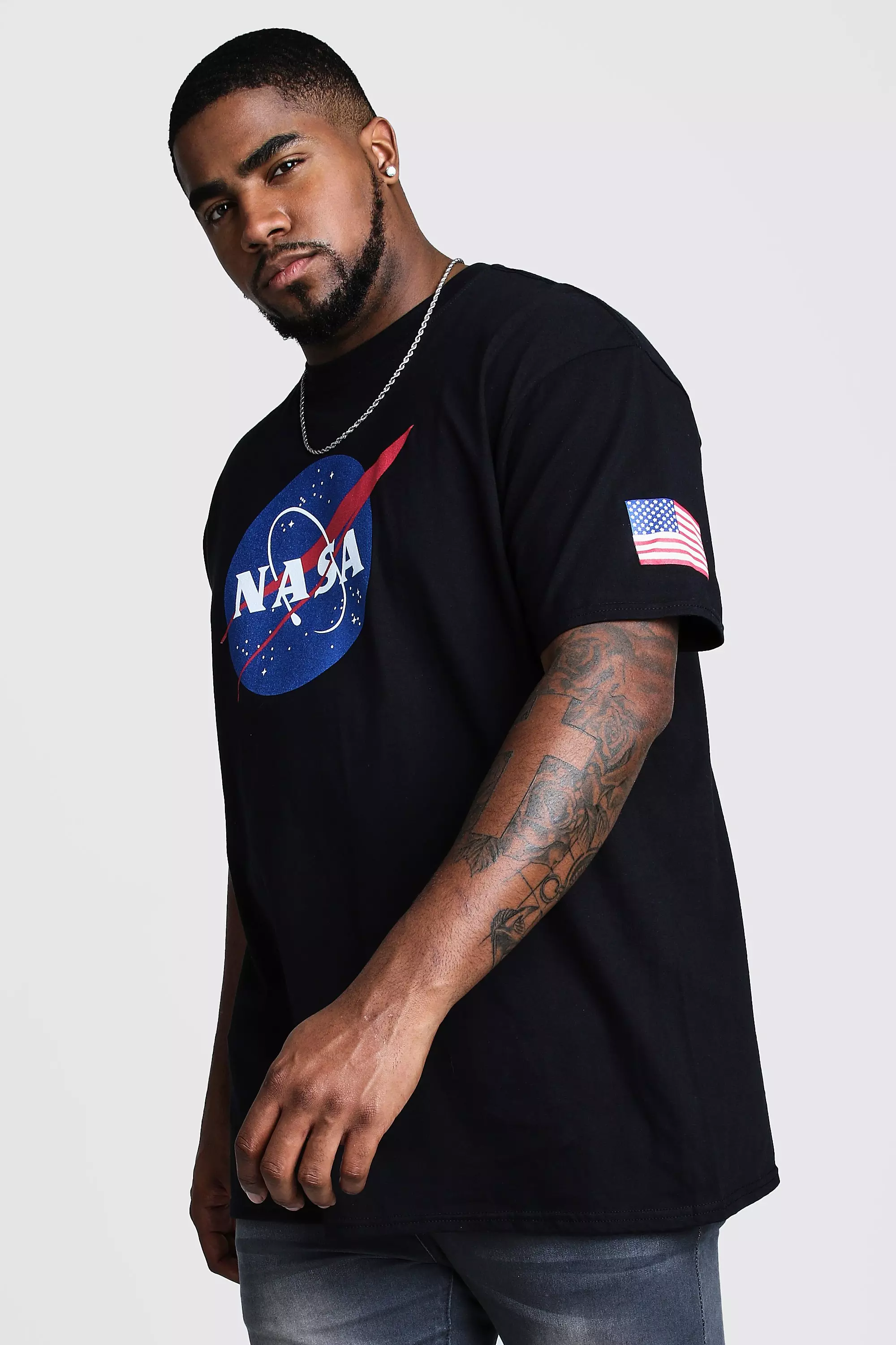Plus Size NASA Sleeve Print License T-Shirt Black