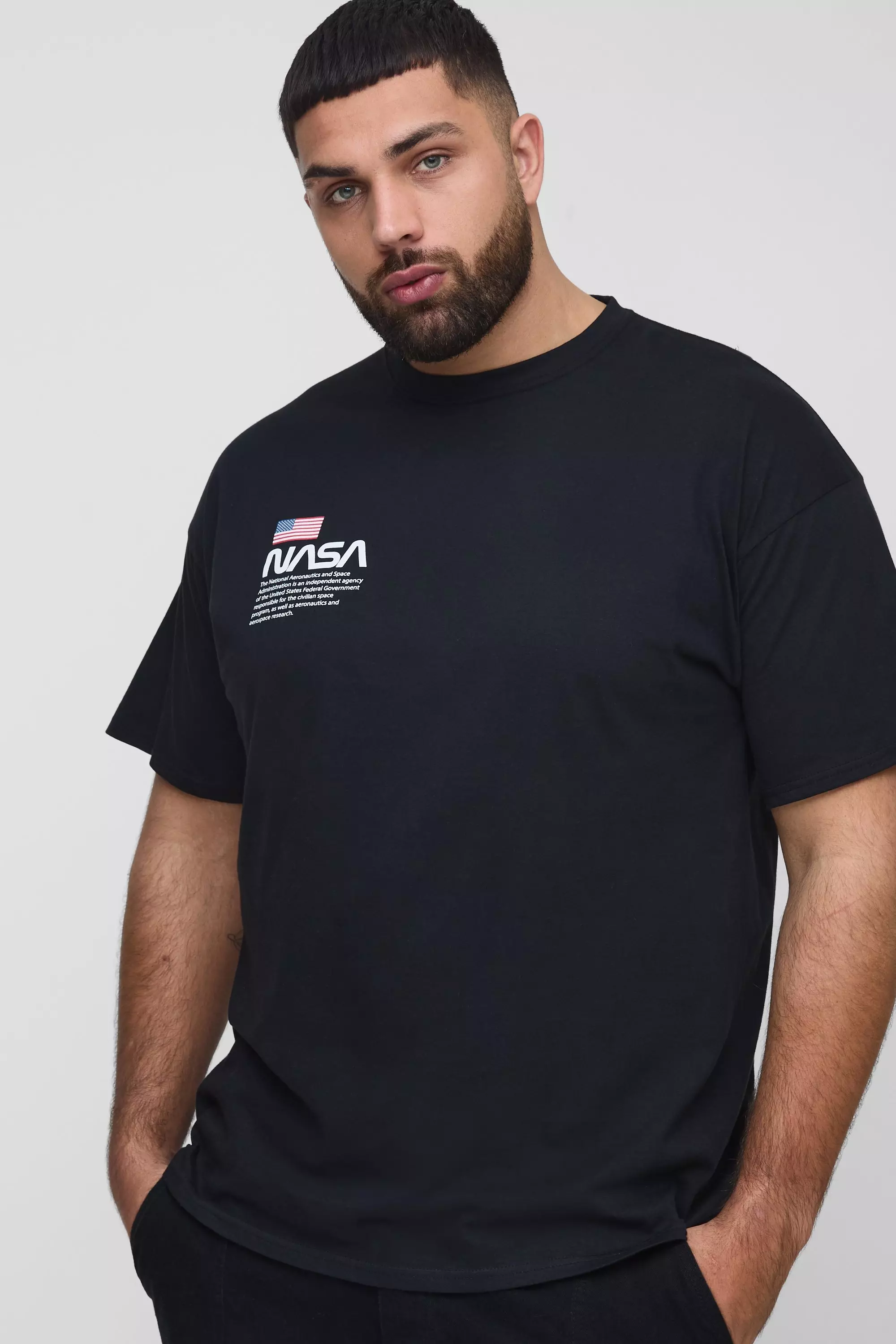 Plus Size NASA Sleeve Print License T-Shirt Black