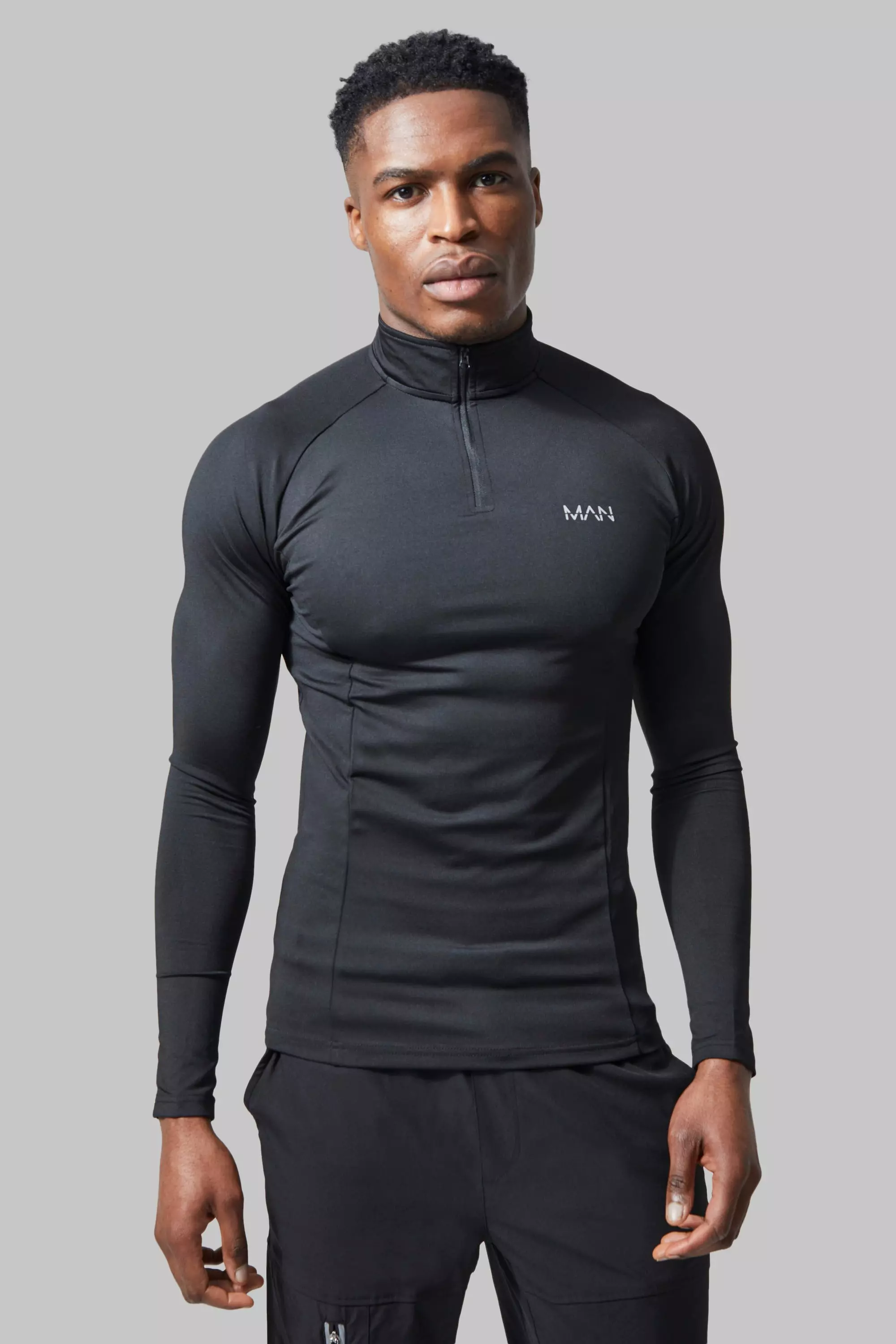 Man Active Gym Raglan Muscle Fit 1/4 Zip Top Black