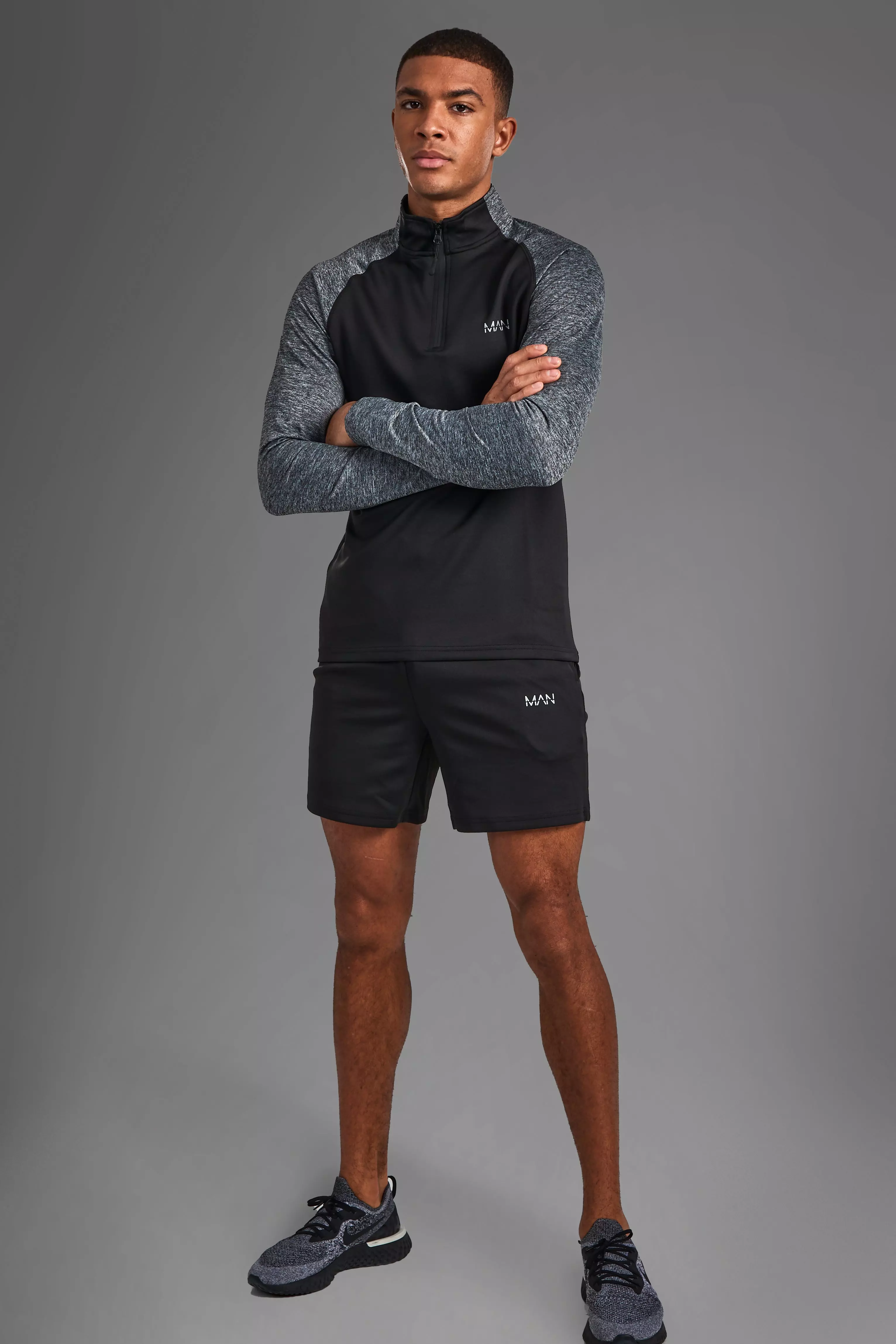 Man Active Gym Funnel Neck Short Set Black