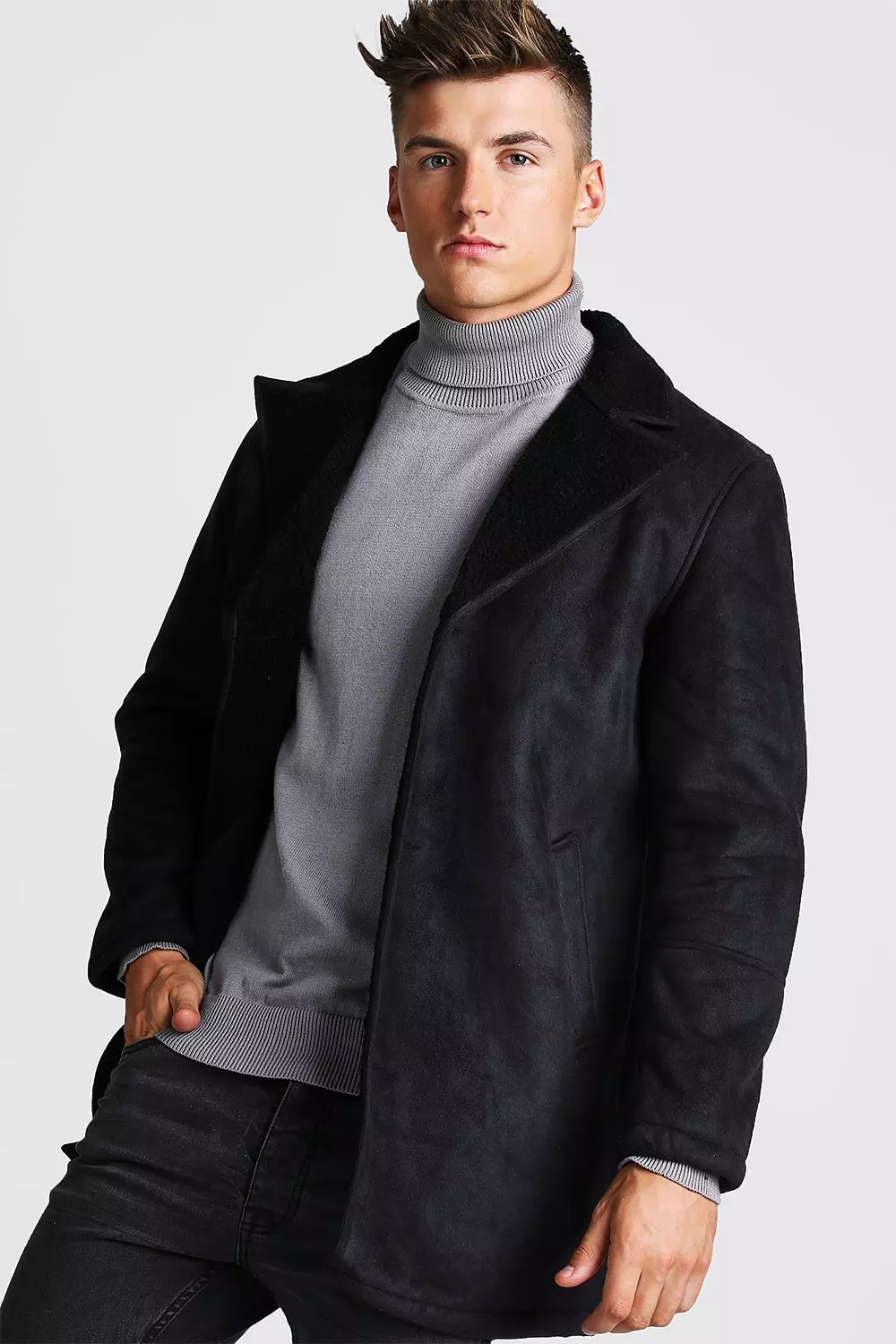 Borg Collar Faux Suede Jacket boohooMAN USA