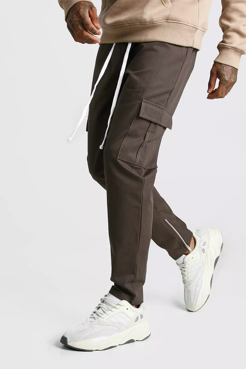 Zip Ankle Twill Cargo Trousers boohooMAN UK