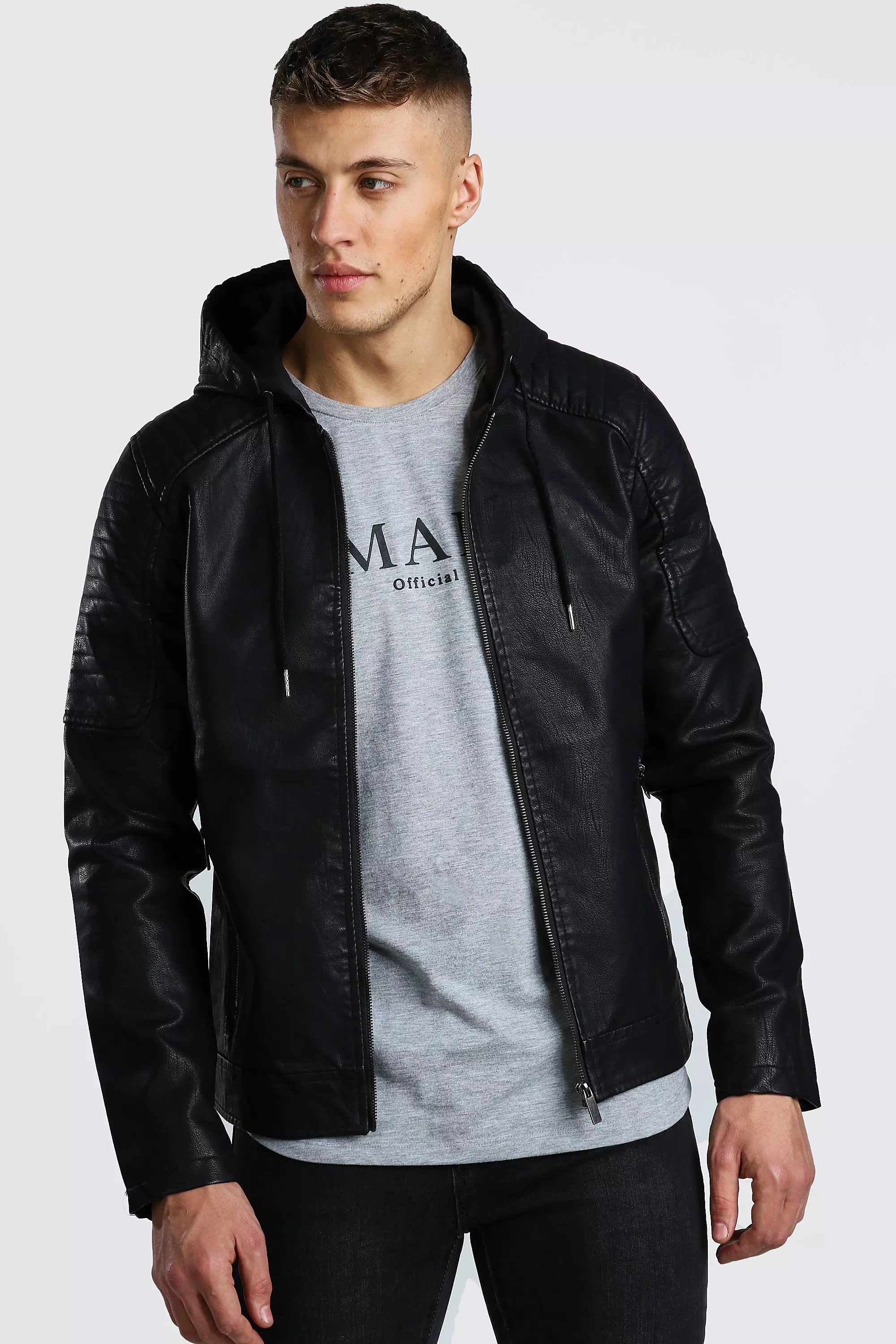 Faux Leather Hooded Biker Jacket