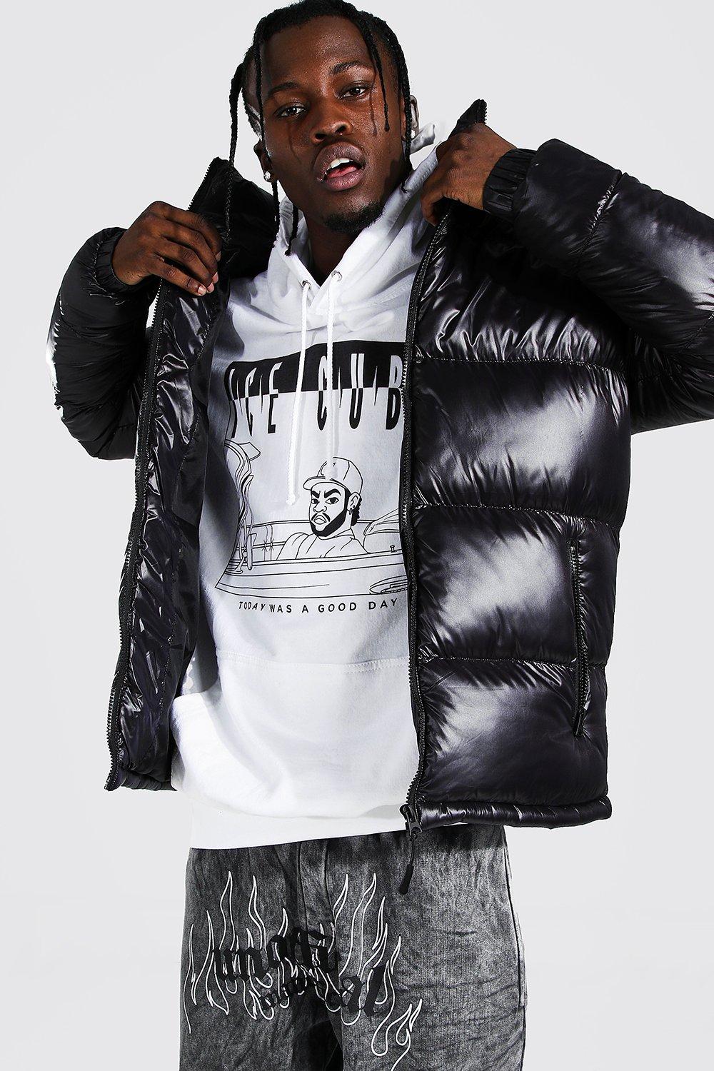 High Shine Hooded Puffer Jacket boohooMAN USA