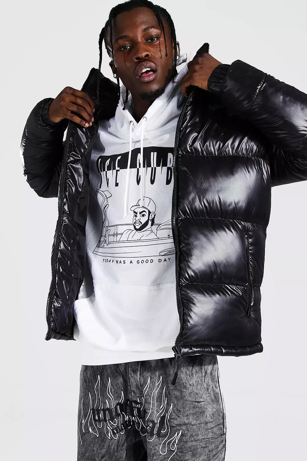 High Shine Hooded Puffer Jacket boohooMAN