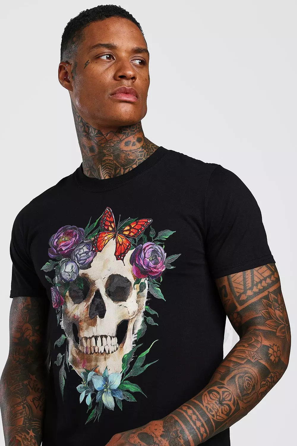 Floral Skull Print T Shirt boohooMAN USA